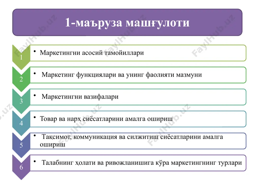 килиш 18.07.2025 8 янги махсулотларни яратиш махсулот яратиш функцияси масалалари товар сиёсатини ишлаб чикиш товар ракобат- дошлиги ва сифатини бошкариш янги махсулотлар ишлаб чикаришни ташкил этиш 18.07.2025 9 маркетинг-менеджмент функцияси маркетингни бошкаришни ташкил этиш аудит бошкарув карорларини оптималлаштириш назорат килиш маркетинг хизма- тини ташкилий тузилишини ишлаб чикиш 18.07.2025 10 харидорлар эхтиёжини, урганиш ва аниклаш маркетинг вазифалари аввало талаб ва таклиф тугрисида олинган маълумотлар асосида бозорни урганиш товарларга булган талабни истикболлаш, уларни амалга оширишни назорат килиш нархнинг фаолиятини харидорлар эхтиёжига мослаштириш товарни бозорга чикаришдаги барча хизматлар тугрисида маълумотлар олиш тулдирувчи товарлар ва урнини босувчи товарлар тугрисида ахборот йигиш 3. маркетингни вазифалари товарни силжитиш функцияси натижасида сотишни рагбатлантириш ва реклама сиёсатини ишлаб чикиш; сотишни рагбатлантиришни самарали инструментларини асослаш; товарни силжитиш тугрисида мультимедиа технологияларини асослаш; ички фирма рекламасини ташкил этиш; сотув ишларини рагбатлантириш; паблик рилейшнзни ташкил килиш ва бошкалар тулик урганилади. нархни ташкил этиш функцияси оркали нархни шаклланиш стратегияси ва тактикасини ишлаб чикиш; …