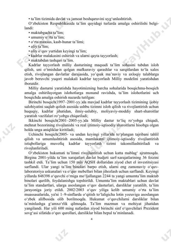 ning bilim va kasb saviyasi yetarli darajada emas edi. maktab o‘quvchilarida mustaqil fikr shakllantirilmayotgan edi. prezident i.a.karimov tashabbusi bilan ta’limni tubdan isloh qilish yo‘llari ishlab chiqildi. islom karimov 1997-yil 29-avgustda oliy majlisning ix-sessiyasida “barkamol avlod – o‘zbekiston taraqqiyotining poydevori” mavzusida ma’ruza qildi. ma’ruzada oldimizga qo‘ygan buyo’q maqsadlarimizni ro‘yobga chiqarish taqdiri, avvalambor, zamon talablariga javob beradigan yuqori malakali, ongli mutaxassis kadrlar tayyorlash muammosi bilan chambarchas bog‘liq ekanligi asoslab berildi va quyidagi vazifalar ilgari surildi: – eski sovet davridan qolgan ta’lim-tarbiya tizimiga xos mafkuraviy qarashlardan, sarqitlardan qutulish; – milliy ta’lim-tarbiya tizimini takomillashtirish, uning milliy zaminini mustahkamlash, jahon andazalari darajasiga ko‘tarish; – uzluksiz ta’lim tizimini tashkil qilish; – ta’lim muassasalarining moddiy bazasini zamon talablari darajasiga ko‘tarish; – bolalarimizga zamonaviy bilim berish, buning uchun, avvalo, o‘qituvchi-murabbiylar bilimining saviyasini ko‘tarish; – zamonaviy o‘quv dasturlari, darsliklar yaratish; – xorijiy tillarni o‘rganish va o‘rgatishga katta ahamiyat berish; – bitiruvchilarni emas, maktab ta’limi va tarbiyasini ko‘rgan shaxslarni tayyorlash; …