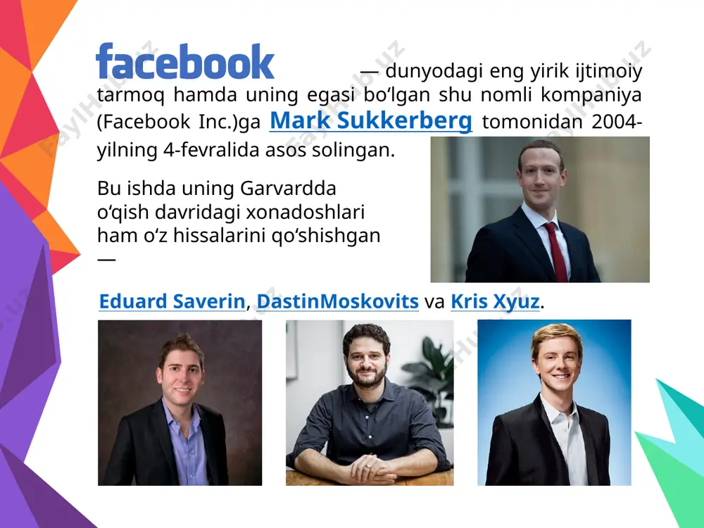 , sizqoncha bilan ko‘rsating va «редактировать»ni tanlang. o‘zining “foydalanuvchi kelishuvi”ga asosan facebook foydalanuvchining akkaunti tarmoqdan o‘chirilgandan keyin ham uning ma’lumotlari bilan erkin ishlash imkoniyatini o‘zida qoldiradi. esda saqlang! do‘stlarni qo‘shish oyna yoki ekranning yuqori qismidagi qidiruv satrini tanlang. bunda qidiruv satrida ko‘rsatkich hosil bo‘ladi va ekran klaviaturasi ko‘rinadi (mobil qurilmalarda). facebookdan foydalanish dostlaringiz qatoriga qo‘shmoqchi bo‘lgan inson ismini kiriting. keyin pastda hosil bo‘ladigan maydondan kerakli ismni tanlang. bundan tashqari, ismni kiritib bo‘lganingizdan keyin, «enter» tugmachasi yoki поискni bosishingiz mumkin. facebookdan foydalanish do‘stingiz sahifasini ochish uchun izlanayotgan inson profilini toping va profil suratini tanlang. «добавить в друзья»ni tanlang bu tugmacha sahifaning yuqori qismida (shk) yoki do‘stingizning ismidan o‘ng tomonda (mobil qurilmada) joylashgan. shundan keyin unga do‘stlar qatoriga qo‘shish haqida so‘rov boradi. agar u so‘rovni qabul qilsa, siz uning facebook profili hamda xabarlarini ko‘rishingiz mumkin. facebookdan foydalanish facebook profili siz muloqot qilishingiz mumkin bo‘lgan bir nechta do‘stlaringizni qo‘shsangiz yanada qiziqarli bo‘ladi. shuning …