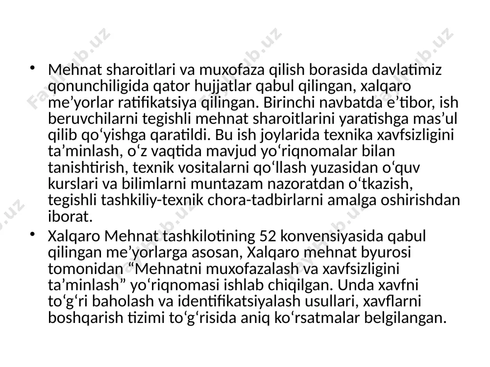 kilotining 52 konvensiyasida qabul qilingan me’yorlarga asosan, xalqaro mehnat byurosi tomonidan “mehnatni muxofazalash va xavfsizligini ta’minlash” yo‘riqnomasi ishlab chiqilgan. unda xavfni to‘g‘ri baholash va identifikatsiyalash usullari, xavflarni boshqarish tizimi to‘g‘risida aniq ko‘rsatmalar belgilangan. bevosita “o‘zbekiston temir yo‘llari” aj da ham tegishli dasturlar asosida mehnat muxofazasini ta’minlash yo‘lga qo‘yilgan. aniqroq qilib aytadigan bo‘lsak, kompaniya boshqaruvi raisining buyrug‘iga asosan, kompaniyada mehnat muxofazasi va texnik xavfsizlik choralarini yanada kuchaytirish, sohaga oid ma’lumotlarni to‘plash va umumlashtirish, ishlab chiqarish tarmoqlarida, hududiy tuzilmalarda mehnat muxofazasini yanada kuchaytirish maqsadida 2012 yilning 2 aprelidan boshlab mehnat muxofazasi, sanoat xavfsizligi va ekologik monitoring olib borish bo‘limi qayta tashkil etildi. mehnat muxofazasi va texnika xavfsizligi muhandislari joylarda maxsus jihozlagan xonalarda faoliyat olib borishlari, kerakli inventar va kompyuter texnikasi bilan ta’minlanishlari belgilab berildi. bundan tashqari, aprel oyi kompaniyada mehnat muxofazasi oyligi deb e’lon qilindi. ishda ro‘y berishi mumkin bo‘lgan baxtsiz hodisalarning oldini olish, kompaniya xodimlarining hayoti va sog‘ligini muxofaza qilish, mehnat …