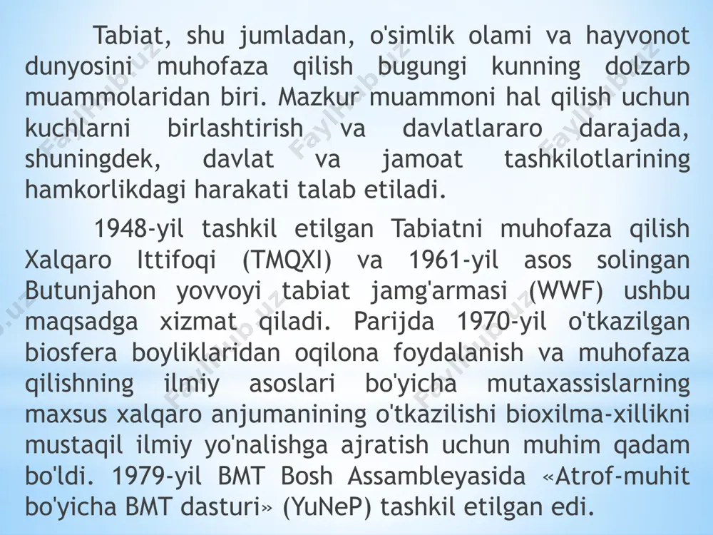 to'g'risida konvensiya qabul qilingan. ushbu hujjatlarda yer yuzida mavjud bo'lgan barcha turlarning xilma-xilligini muhofaza qilishning butunjahon strategiyasi ishlab chiqilgan. 2001-yildan boshlab, har yili 22-may kuni xalqaro bioxilma-xillik kuni (international day for biological diversity) nishonlanadi. ushbu bayram nafaqat tarixiy rivojlanish natijasida vujudga kelgan bioxilmaxillikni saqlashning ahamiyati, balki uning qisqarishi bilan bog'liq ekologik muammolarni hal etishni talab etadi. bmt bosh assambleyasi tomonidan 2010-yil - xalqaro bioxilma-xillik yili deb e'lon qilingan. 2010-yilda nagoyada «2011-2020-yillarda bioxilma-xillikni saqlash va undan barqaror foydalanish sohasidagi strategik reja» konvensiyasining qabul qilinishi ahamiyatga molik. ushbu o'n yillik reja doirasida barcha mamlakatlar bioxilma-xillikni saqlash va undan oqilona foydalanish chora-tadbirlari qabul qilingan. tabiatdagi tirik organizmlar va ular tarqalgan muhit, anorganik tarkibiy qismlarning butun majmuyini muhofaza qilish zarur, ya'ni tabiatni muhofaza qilish ishiga uyg'unlikda yondashish lozim. qizil kitoblar. tirik organizmlarni klassifikatsiyasini shakllantirishda olimlar tarixiy taraqqiyot davomida o'simlik va hayvonlarning juda ko'p turlari qirilib ketganligini aniqlashgan. masalan, junli karkidon, inson tomonidan ovlanishi va …