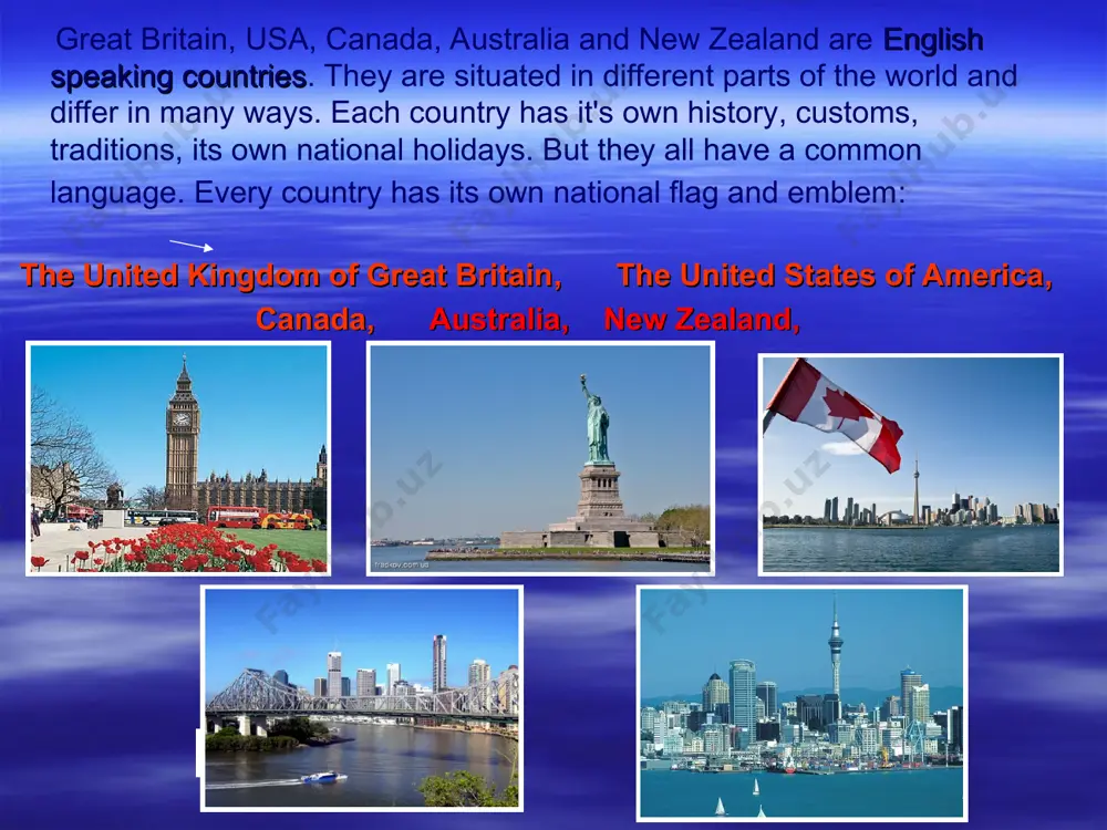niversity great britain is a highly developed industrial country. it lives by manufacture and trade. agriculture makes an important sector in economy of the country too. the british people grow wheat, fruit, vegetables, oats. there are a lot of rivers in gb, but they are not very long. is the longest river, while is the deepest and the most important one. besides, there are many lakes in great britain. the lake district is the most beautiful. the severn the thames the district ? ? the thames the severn the united states of america is another important english-speaking country. it is one of the greatest countries in the world. it is situated on the north american continent and is washed by three oceans: , the united states of america the pacific ocean, the atlantic ocean, the arctic ocean. arctic ocean pacific ocean atlantic ocean the capital of the usa is it …