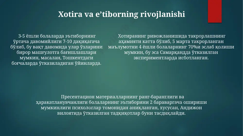 ta-onalar bolaning muammo yechish qobiliyatini rivojlantiradi, masalan, 2 yoshli bolalar uchun moslashtirilgan konstruktorlar yordamida fazoviy fikrlashni 20% ga oshirish mumkin. mantiqiy fikrlashning rivojlanishi тошкент шаҳридаги боғчаларда ўтказилган кузатувлар кўрсатдики, ўйинлар орқали мантиқий фикрлашни ривожлантиришда 70%га яқин муваффақиятга эришиш мумкин. 3-5 ёшли болалардаги мантиқий фикрлаш ўзбекистонда ўтказилган тадқиқотларга кўра, геометрик шаклларни таснифлаш ва муаммоларни ечишда 40%гача яхши натижаларни кўрсатади. мантиқий мулоҳаза қилиш қобилияти 6 ёшгача бўлган болаларда 20% ҳолатларда конкрет объектлар билан боғлиқ бўлиб, абстракт фикрлаш анча суст ривожланган. o’yin va kognitiv rivojlanish 3-5 ёшли болаларда ўйин орқали рангларни (қизил, кўк, яшил каби) ажратиш ва номлашни ўрганиш, тошкентдаги тадқиқотлар кўрсатишича, миллий ўйинлардан фойдаланганда 20% тезроқ натижа беради. ўзбекистондаги боғчаларда ўтказилган кузатувлар 6-7 ёшли болаларда конструкторлар билан ўйнаш мантиқий фикрлаш ва муаммо ечиш қобилиятини 15% га оширишини кўрсатди. ўзбекистондаги боғчаларда ўтказилган кузатувлар 6-7 ёшли болаларда конструкторлар билан ўйнаш мантиқий фикрлаш ва муаммо ечиш қобилиятини 15% га оширишини кўрсатди. tilning rivojlanishi va fikrlash …