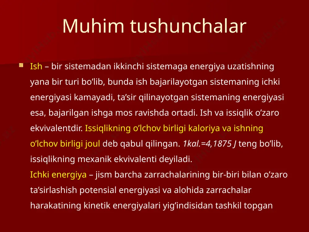 2 =c3h8 uchun entalpiya qiymatini (kj/mol) quyidagi ma’lumotlar asosida toping: ecc = 836,8; ec-c = 346; ec-h = 414,22; eh-h =435,14 kj/mol. 14 kalsiy oksidning hosil bo’lish issiqligi 635,1 kj ga, co2 ning hosil bo’lish issiqligi 393,5 kj ga teng bo’lsa, va caco3 parchalanganda, 145,3 kj issiqlik yutilsa, caco3 ning hosil bo’lish issiqligini (kj) toping. образец текста второй уровень третий уровень четвертый уровень пятый уровень 15 issiqlik sig’imi jismning issiqlik sig'imi - bu sistemaning haroratini aniq 1 o c ga o'zgartirish uchun zarur bo'lgan issiqlik miqdori . jismning massasi qanchalik katta bo'lsa , issiqlik sig'imi shunchalik katta bo'ladi . jismning issiqlik sig'imi uning kimyoviy tarkibiga ham bog'liq . 16 erish issiqligi kalorimetr q = d h = m . c. _ d t 18 kimyoviy reaksiyalаrning yo’nalishi har qanday sistеmа o’zining enеrgiya zаxirаsini kаmаytirishgа, ya’ni jаrаyon dаvоmidа issiqlik chiqarishgа intilаdi. bundаy jаrаyondа entаlpiya o’zgarishi mаnfiy (h < 0) bo’ladi; ikkinchi …