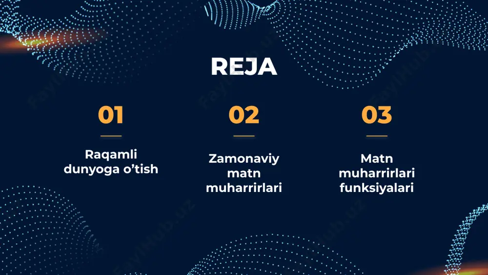 lash ma’nosini anglatadi. ingliz tilida so‘zlashuvchi mamlakatlarda bu atamaga computer science (kompyuter texnikasi haqidagi fan) sinonimi mos keladi. — godfrey reggio “biz texnologiyadan foydalanayotganimiz emas, biz texnologiya yashaymiz.” dasturiy ta’minot nima? dasturiy taʼminot yoki software bu komputerda maʼlum bir turdagi vazifani bajarish uchun ishlab chiqilgan vositadir. aynan shu dasturiy taʼminotgina kompyuter — „quruq temir“ degan atamani yoʻqqa chiqargan. dasturiy vositalar komputer tomonidan qoʻllaniladigan barcha dasturlar toʻplamidir. ingiliz tilida bu atama software yaʼni „soft“ — yumshoq, „ware“ — „mahsulot“ degan maʼnoni bildiradi. dasturiy ta’minot 3 guruhga bo’linadi: sistema dasturlari (task manager) amaliy dasturlar(microsoft office) uskunaviy dasturlar (dasturlash uchun ishlatiladigan dasturlar) zamonaviy matn muharrirlari 02 matn kiritish dasturlari matn kirituvchi dasturlar qisqa hajmdagi matnlarni va ko`p sahifali matnli ma`lumotlarni kiritish uchun mo`ljallangan. bu dasturlarning mavjudligi shu yo`nalishda ishlaydigan mutaxassislar uchun qulay va ularning ish samaradorligini, hamda uning sifatini oshiradi. aniqrog`i bir marotaba kiritilgan ma`lumotni kompyuterning xotirasida uzoq muddatda saqlashi, o`zgartirish kiritishi, nusxa …