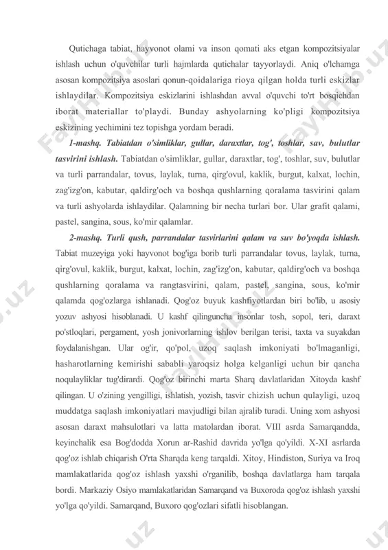 . uning xom ashyosi asosan daraxt mahsulotlari va latta matolardan iborat. viii asrda samarqandda, keyinchalik esa bog'dodda xorun ar-rashid davrida yo'lga qo'yildi. x-xi asrlarda qog'oz ishlab chiqarish o'rta sharqda keng tarqaldi. xitoy, hindiston, suriya va iroq mamlakatlarida qog'oz ishlash yaxshi o'rganilib, boshqa davlatlarga ham tarqala bordi. markaziy osiyo mamlakatlaridan samarqand va buxoroda qog'oz ishlash yaxshi yo'lga qo'yildi. samarqand, buxoro qog'ozlari sifatli hisoblangan. mo'yqalam. nozik chiziqlar chizish, kichik hajmdagi ranglarni bo'yash uchun rassomga mo'yqalam kerak bo'ladi. miniatura ustalari mo'yqalamlarni o'zlari tayyorlashgan. ular ikki oylik mushuk bolasining orqa bosh qismidagi mo'ydan kesib olib, uni issiq suvda yog'idan xalos qilishgan. tutam yunglami taxta ustida donalab terishib, eng uzun mo'y o'rtasiga qo'yilib, qolganlari ikki yon tomonga terilgan. so'ng ipak ip bilan bog'langan va oldindan tayyorlangan kaptar, xo'roz yoki g'oz patining ichiga joylashtirishgan. pat ikki tomondan kesilgan g'ovak trubka holida 3x4 sm atrofida olingan. g'ovak pat qalamchaning ikkinchi tomoniga behi, tol daraxti novdasidan yog'och ushlagich …