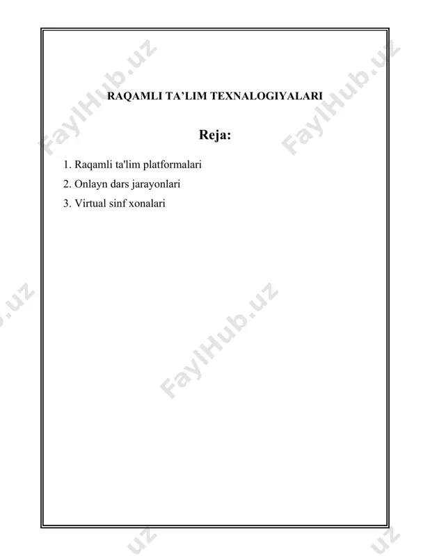 tiq mamlakatlarda 100 milliondan ko'proq foydalanuvchilarga ega. 5. **futurelearn**: britaniya kengashi va garvard universiteti o’rtasidagi hamkorlikda yaratilgan futurelearn platformasi 2012-yilda tashkil topgan. futurelearn-da 9 milliondan ortiq foydalanuvchi bor va ularning ta’lim dasturlari 175 dan ortiq universitet va muassasalar tomonidan taqdim etiladi. 6. **duolingo**: bu til o'rganish platformasi 2011-yilda ishga tushirilgan bo'lib, hozirda 500 milliondan ortiq foydalanuvchiga ega. u 30 dan ortiq turli tillarni o’rganishga yordam beradi va ko'plab foydalanuvchilari til o'rganish jarayonlarini gamifikatsiya orqali amalga oshiradi. 7. **alison**: 2007-yilda tashkil etilgan ushbu platforma 20 milliondan ortiq foydalanuvchi va 3,000 dan ortiq bepul kurslarni taklif etadi. alison ta'limning turli sohalarida, jumladan texnologiya, biznes, salomatlik, va til o'rganishda yordam beradi. 8. **linkedin learning**: 2015-yilda lynda.com ni sotib olish orqali ishga tushirilgan ushbu platformada 16 mingdan ortiq kurs mavjud. bularda esa 27 milliondan ortiq foydalanuvchi bilim almashishadi. raqamli ta'lim platformalari ko’pgina qiyinchiliklarni yengillashtiradi va ta’lim oluvchi hamda beruvchilarga ko’plab imkoniyatlar yaratadi. ularda o’quvchilarning …