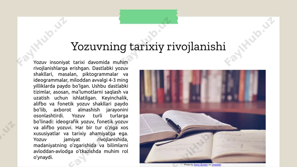 tushunchani ifodalaydi, bu esa ularning ishlash usullarini ham o'zgartiradi. bu tizimlar o'zaro aloqa qilish va axborot almashish uchun qo'llaniladi. alfavit tizimlari ko'proq so'zlarni ifodalashda qulay, logografik tizimlar esa ma'lum joylarda ko'p ishlatiladi, masalan, xitoy yozuvi, bu esa ularning qanday maqsadlarda foydalanilishini ko'rsatadi. statistik ma'lumotlar ko'rsatadiki, dunyoda 7000 dan ortiq til mavjud, ulardan 2000 dan ortig'i yozuvga ega. bu esa yozuv tizimlarining xilma-xilligini ko'rsatadi. swot tahlili orqali bu tizimlarning kuchli va zaif tomonlarini, imkoniyatlari va tahdidlarini aniqlash mumkin. yozuv tizimlarining farqlari haqida diagrammalar yordamida tasvirlash, ular qanday ishlashini va qaysi maqsadlarda qo'llanilishini yanada aniqroq tushunishga yordam beradi. misol uchun, alfavit yozuv tizimlari va logografik tizimlar o'rtasidagi farqlarni ko'rsatuvchi diagrammalar qo'llanilishi mumkin. yozuv tizimlarining rivojlanish tarixi yozuv tizimlarining tarixiy rivojlanishi bir nechta muhim bosqichlardan iborat. 1. dastlabki yozuvlar: sumer yozuvi (miloddan avvalgi 3500 yil) - insoniyat tarixidagi birinchi yozuv tizimi. 2. papirus va qog'ozning ixtirosi: papirus (miloddan avvalgi 3000 yil) va qog'oz …
