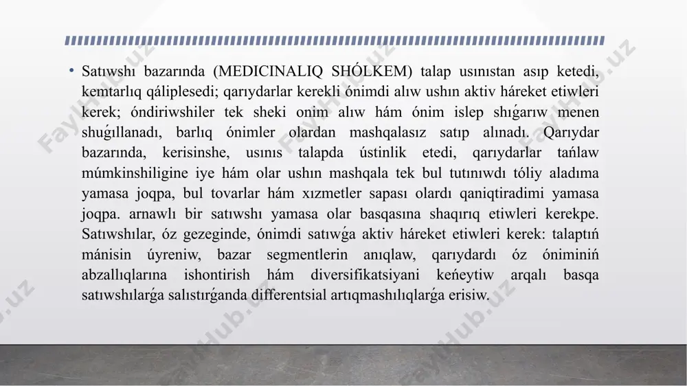ájliklerin maksimal dárejede qandırıwdan mápdar, biraq resurslardan aqılǵa say hám nátiyjeli paydalanıw, ekologiyalıq talaplarǵa ámel qılıw hám noratsional talaptı kemeytiwdi esapqa aladı. házirgi basqıshda medicina tovarların (xızmetlerin ) bazarda ilgeri jıljıtıwdıń eń nátiyjeli usılların anıqlaw bólek áhmiyetke iye. marketing kontseptsiyasın bul jóneliste qóllaw báseki ortalıǵında medicinaliq shólkem natiyjeliligin asırıw faktorına aylanıwı múmkin. marketing medicinaliq shólkem bazardı jáne onıń tiykarǵı parametrlerin úyreniwge, qarıydarlardıń mútájliklerin úyreniwge hám medicinalıq xızmetler islep shıǵarıwdı olardı qandırıwǵa jóneltiriwge qaratılǵan den sawlıqtı saqlaw tarawı sub'ektin basqarıw ushın bazar kontseptsiyası bolıp xızmet etedi. biraq, bazar ekonomikası sharayatında den sawlıqtı saqlawdı basqarıw kontseptsiyası retinde marketingdan paydalanıw sanaattıń tiykarǵı principlerı - medicinalıq járdem alıwda sapa, qolaylıq hám teńlik principlerıge qarsı bolmawi kerek. mámleket bul principlerdi qollap-quwatlawda kepil adam rolin oynawı, sonıń menen birge, den sawlıqtı saqlaw xızmetlerin bazarın standartlastırıw, baqlaw hám tártipke salıw funktsiyaların támiyinlewi kerek. medicina shólkemlerinde marketing - bul salamatlandırıw, profilaktika, sanitariya hám medicinalıq xızmetler, dári ónimleri, emlew-emlew …