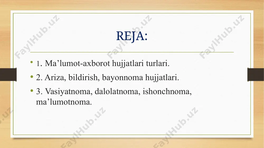 rib chiqiladigan arizalari; uy-joy-kommunal idoralariga yoziladigan arizalar. arizaning zaruriy qismlari: ariza yo‘llangan muassasaning yoki mansabdor shaxsning nomi ariza yozuvchining turar joyi, vazifasi, ismi, ota ismi va familiyasi hujjatning nomi (ariza) asosiy matn (taklif, iltimos, shikoyat) arizaga ilova qilinadigan hujjatlar nomi (agar zarur deb topilsa) ariza yozuvchining imzosi, ismi va ota ismi bosh harflari, familiyasi ariza yozilgan vaqt (yil, kun va oy) da’vo arizasi shikoyat arizasi hisob-kitob ariza turli yig‘ilish, kengash va boshqa tur anjumanlarning borishini, majlis qatnashchilarining chiqishlari va ular qabul qilgan qarorlarni aniq, siqiq holda qayd qiluvchi rasmiy hujjat. u voqelikning o‘rni, vaqti va holati haqida ma’lumot berish bilan birgalikda, qarorlarning to‘g‘ri qabul qilinganligini tekshirish va ularning bajarilishini nazorat qilishga imkon beradi. doimiy ish ko‘ruvchi organlar (ilmiy kengash, hay’at va boshqalar), shuningdek, vaqtinchalik ish ko‘ruvchi organlar (konferensiyalar, yig‘ilishlar, anjumanlar, komissiyalar) faoliyatlarida, albatta, bayonnoma yozilishi kerak. bayonnomani yozishni tashkil qilish kotibning asosiy vazifalaridan biridir. bayonnoma turli organlarning doimiy kotiblari tomonidan …