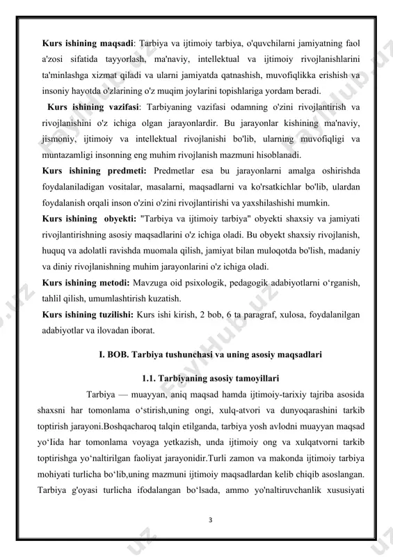 mazkur kategoriyani tushuntirishga turlicha yondashuvlar yuzaga keldi.tarbiya mazmuni deganda, qo‘yilgan maqsad va vazifalar bilan bog‘liqlikda ta‘lim oluvchilaming egallashi lozim bo‘lgan bilim, malaka, e‘tiqod, shaxs sifati va xarakteri, xulq-atvor tizimi tushuniladi. agar mendan "sizni nima qiynayapti deb so'rasangiz farzandlarimizning ta' lim va tarbiyasi deb javob beraman"- deydi, o' zbekiston respublikasi prezidenti sh.m.mirziyoyev. bu fikrlari mustaqil yurtimizni, ertamizning egalariga ta'lim- tarbiya berishdek ulkan ma'suliyat, davlat rahbari, mutassadi tashkilotlar, har bir oila, jamiyat a'zolari oldidagi ulkan ish sifatida qarashimizni taqozo etmoqda. bugungi bola o'tgan asr bolasidan keskin farq qiladi, o'zbek o'g'il-qizlari zamonaviy komil inson siymosiga ega bo‘lmog'i lozim. [footnoteref:1] [1: “yoshlarga oid davlat siyosati tо‘g‘risida” gi о‘zbekiston respublikasi qonuni. 2016 yil 14 sentabr // о‘zbekiston respublikasi qonun hujjatlari ma’lumotlari milliy bazasi - lex.uz.] tabiiyki, bu jarayonda oilaviy tarbiyaning o‘rni beqiyos. bola, asosan, oilada tarbiyalanadi. oila muhiti orqali bolaning dunyoqarashiga va xulqiga doimo o'z ta'sirini o‘tkazib turadi. ibn sino ta 'biricha, "ota-ona bola tarbiyasini …