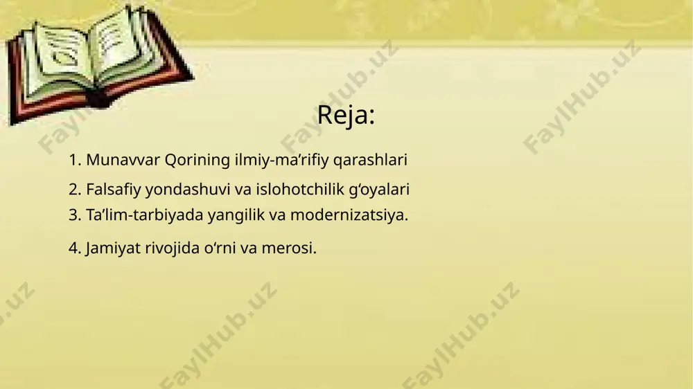 klarini ochib berib, yangi usul maktablarini tashkil etishga kirishgan. bu maktablarda turkiy tillarni o‘qitish, matematika, tabiiy fanlar va jahon tarixi bo‘yicha yangi uslubda dars berish amaliyotini joriy qilgan. uning sa’y-harakatlari natijasida o‘sha davrda ko‘plab yoshlar zamonaviy ta’lim olish imkoniyatiga ega bo‘lib, ilmiy taraqqiyotga hissa qo‘sha oladigan shaxslar sifatida yetishib chiqqan. 2. falsafiy yondashuvi va islohotchilik g‘oyalari falsafiy yondashuvlar va islohotchilik g‘oyalari o‘zaro bog‘liq va tarixiy jarayonlarda o‘zgarib borgan. falsafa ko‘pincha insonning hayoti, erkinligi, jamiyatdagi o‘rni va maqsadlari haqida chuqur mulohazalar olib boradi. bu yondashuvlar, asosan, insonning ongini, axloqiy qadriyatlarini va adolat tushunchalarini tushunishga intiladi. islohotchilik g‘oyalari esa jamiyatdagi mavjud muammolarni hal qilish, yangilanish va o‘zgarishlarni amalga oshirish maqsadida ilgari suriladi. bu g‘oyalar ko‘pincha davlat boshqaruvi, iqtisodiyot, ta’lim va boshqa sohalarda islohotlar o‘tkazish zaruratini ta’kidlaydi. falsafiy yondashuvlar va islohotchilik g‘oyalari jamiyatni anglash va uni o‘zgartirishda markaziy o‘rin tutadi. falsafiy yondashuvlar, insoniyatning tabiatiga, erkinlikka, axloqqa, adolatga va har bir insonning jamiyatdagi o‘rniga …