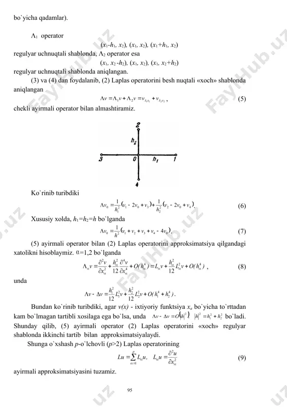 larni (( uchnuktali ayirmali operator bilan almashtirib (10) (11) ni xosil qilamiz, bu erda . bunda (yoki ) – x=(x1,...,xp) nuqta yo`nalish bo`yicha kesma uzunligida o`ngga (chapga) siljigandagi nuqta. (10) operator uchun shablon 2p+1 ta x, , nuqtalardan iborat, approksimatsiya xatoligi esa ikkinchi tartibga ega. 2. laplas operatorini notekis «xoch» shablondagi approksimatsiyasi ikki o`lchamli holda (p=2) shablon (x1-h1-, x2), (x1+h1+, x2), (x1, x2), (x1, x2-h2-), (x1, x2+h2+), beshta nuqtadan iborat bo`ladi , bu erda h1(>0, h2(>0, xech bo`lmaganda bir ( uchun h(+(h(-. har bir l1 i l2 operatorlarni uch nuqta bo`yicha approksimatsiyalaymiz (x1-h1-, x2), (x1+h1+, x2), (x1, x2), (3, 1, 0 nuqtalar) (x1, x2-h2-), (x1, x2+h2+), (x1, x2). (4, 2, 0 nuqtalar) buning uchun quyidagi ifodalardan foydalanamiz: (12) bu erda laplas ayirmali operatori notekis shablonda quyidagi ko`rinishga ega bo`ladi . (13) agar, misol uchun, h1-= h1+=h1 bo`lsa, unda va xakozo. ushbu belgilashlarni kiritamiz. uchun (14) ifodani yozish mumkin. bo`lganligi uchun …