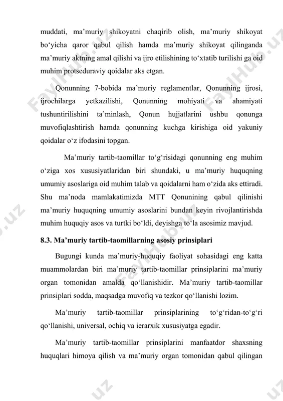 faatdor shaxsning huquqlari himoya qilish va ma’muriy organ tomonidan qabul qilingan qaror demokratiyani qonuniylashganligini aks ettirishi kabi vazifalari mavjud. ma’muriy tartib-taomillarning asosiy prinsiplari quyidagilardan iborat: qonuniylik prinsipi. ma’muriy tartib-taomillar o‘zbekiston respublikasi konstitutsiyasiga, ushbu qonun va boshqa qonunchilik hujjatlariga muvofiq amalga oshirilishi kerak. mutanosiblik prinsipi. ma’muriy ish yuritish jarayonida jismoniy va yuridik shaxslarga ko‘rsatiladigan ta’sir choralari ma’muriy organ tomonidan ko‘zlangan qonuniy maqsadga erishish uchun mos va yetarli bo‘lishi hamda manfaatdor shaxslarga imkon qadar qiyinchilik tug‘dirmasligi kerak. ishonchlilik prinsipi. ma’muriy ish yuritish davomida manfaatdor shaxslar tomonidan taqdim etilgan haqiqiy holatlar to‘g‘risidagi hujjatlar va ma’lumotlar aksi isbotlanmaguniga qadar ishonchli hisoblanadi. manfaatdor shaxslar tomonidan taqdim etilgan hujjatlar va ma’lumotlarning haqiqiyligiga shubha paydo bo‘lgan taqdirda, ma’muriy organ ularning ishonchliligini mustaqil ravishda va o‘z hisobidan tekshirish uchun choralar ko‘radi. ma’muriy ish yuritish davomida manfaatdor shaxslardan ular taqdim etgan hujjatlarning yoki ma’lumotlarning ishonchliligini tasdiqlovchi qo‘shimcha materiallar talab qilish, agar qonunda bunday talab belgilanmagan bo‘lsa, taqiqlanadi. tinglanish imkoniyatining …