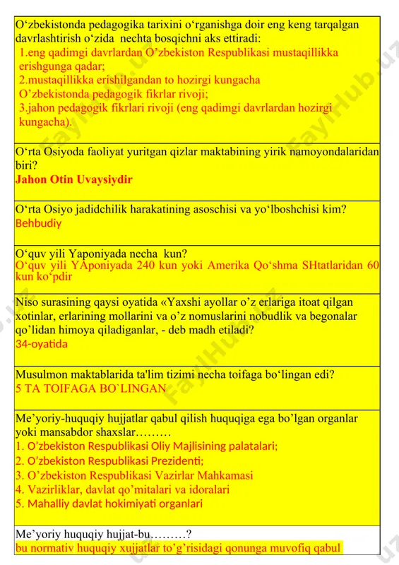 va layoqatini har tomonlama rivojlantirish haqida fikr yuritgan pedagog kamenskiy madrasalar 3 bo‘limdan iborat bo‘lib 1-bo‘limda talabalar 9-10 yil o‘qishgan. 2bo‘limda esa talabalar necha yil tahsil olishgan? ikkinchi bo’limda qonunchilik, ilohiyot, (qonunchilik), mushkulot, mantiq, arab tili grammatikasi, notiqlik mahorati kalom o’qitilgan. unda 7-8 yil o’qishgan konfutsiyning maqsadga erishish uchun ishlab chiqqan sxemasi necha qoidadan iborat? 9 ta qoidadan ko‘rgazmalilik prinsipini kiritgan va uni “oltin qoida” deb atagan olim yan a.kamenskiy jentelmen tarbiya tizimini ishlab chiqqan olim- djon lok jamoada tarbiyalash masalasini ilgari surgan olim. jahon ilmida “muallimi soniy” (“ikkinchi muallim”) nomiga musharraf bo‘lgan sharq mutafakkiri kim? abu nasr farobiy jadidlar markazi qo‘qonda bo‘lgan, turkiston muxtoriyati deb atalgan mustaqil muxtor respublikani e’lon qildilar. bu muxtor respublika necha kun yashagan? 72 yoki 73 kun jadidchilik harakatining asoschisi kim bo‘lgan? ismoilbеk gaspirali jadid usulidagi maktablar nechinchi asrda ochildi? xix asr oxiri xx asr boshida j.dyui qanday pedagogikaning asoschisi hisoblanadi? pragmatizm tarafdori ismatilla rahmatullayev …