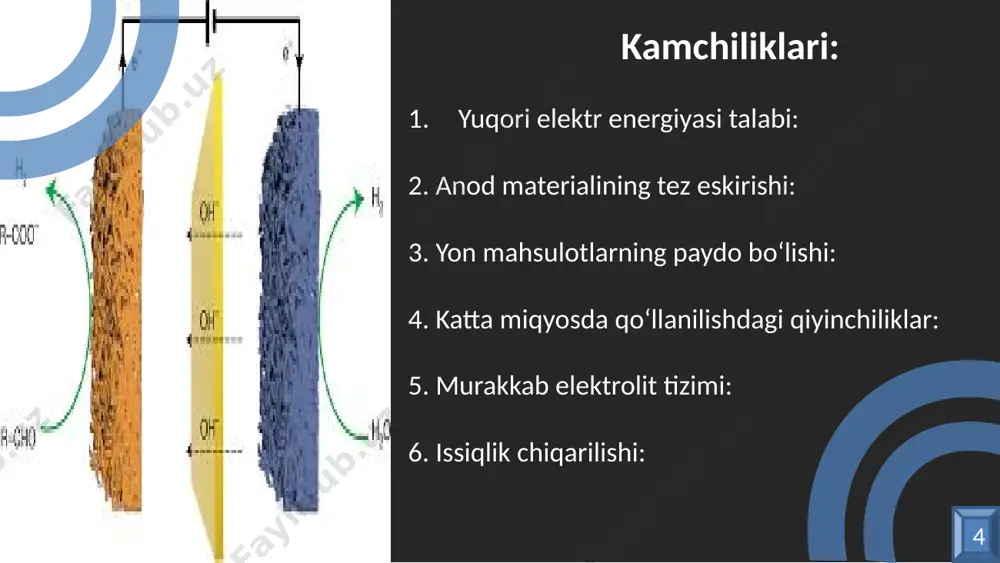 lar orqali zararsiz holga keltirish uchun ishlatiladi. anodli oksidlash jarayonida elektrokimyoviy reaksiya natijasida yuqori reaktivlikka ega bo‘lgan radikallar (masalan, gidroksil radikallari) hosil bo‘ladi. bu radikallar oqova suv tarkibidagi ifloslantiruvchi moddalarni tez va samarali ravishda parchalashga yordam beradi. oqova suvlarni tozalashda anodli oksidlashning afzalliklari: yuqori samaradorlik: organik ifloslantiruvchilarni va hatto zaharli moddalarni oksidlab, ularni suv va karbonat angidrid kabi zararsiz moddalarga aylantiradi. 14 ekologik xavfsizlik: kimyoviy reagentlardan foydalanishni kamaytiradi, bu esa oqova suvlarni tozalashning ekologik zararini kamaytiradi. keng qo‘llanilishi: turli ifloslantiruvchi moddalar, jumladan farmatsevtika chiqindilari va bo‘yoqlarni zararsizlantirish uchun ishlatilishi mumkin. kamchiliklari: energiya sarfi yuqori bo‘lishi mumkin. ba'zi hollarda jarayon uchun qimmat elektrod materiallari talab qilinadi. anodli oksidlash jarayoni ayniqsa kimyo, farmatsevtika va oziq-ovqat sanoatidagi oqova suvlarni tozalashda ishlatiladi. o‘zbekistonda ham bu texnologiyani qo‘llash istiqbollari bor, ayniqsa sanoatning barqaror rivojlanishi va ekologik talablarni hisobga olgan holda. 15 umumiy xulosa: anodli oksidlash usulida uglevodorodlarni gidrogenlash ekologik toza, samarali va zamonaviy jarayon hisoblanadi. …
