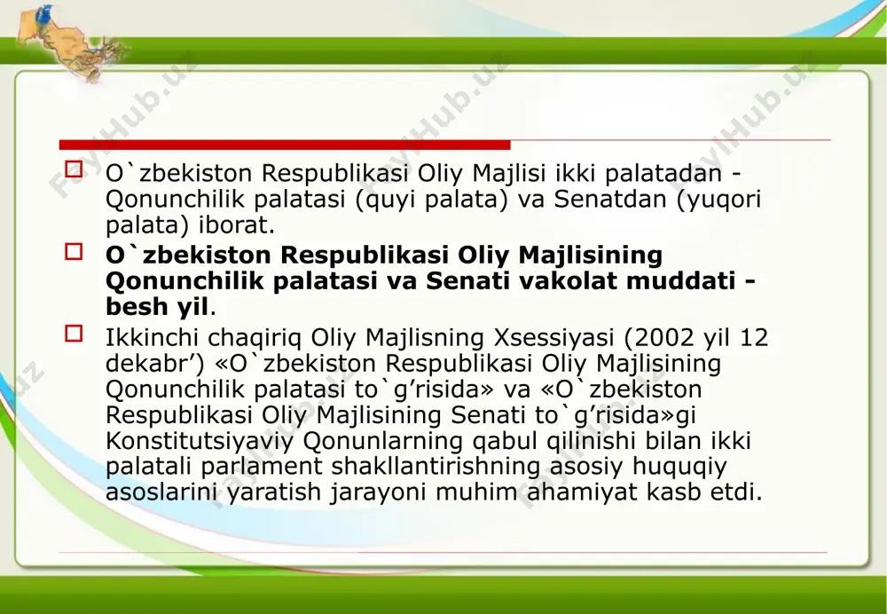 ga ega bo’lgan quyidagi subyektlarnining biri tomonidan parlament quyi palatasiga kiritilgan; o’zbekiston respublikasi oliy majlisining senati va qonunchilik palatasining birgalikdagi vakolatlari quyidagilardan iborat: ma’lumki, qonun loyihasining qonun darajasida shakllanish yo’li ancha murakkab bo’lib, loyiha qonunchilik tashabbusi huquqiga ega bo’lgan quyidagi subyektlarnining biri tomonidan parlament quyi palatasiga kiritilgan; o’zbekiston respublikasi prezidenti o’z davlat hokimiyatining oliy vakillik organi orqali qoraqalpog’iston respublikasi; oliy majlis qonunchilik palatasi deputatlari; o’zbekiston respublikasi vazirlar mahkamasi; o’zbekiston respublikasi konstitutsiyaviy sudi; o’zbekiston respublikasi oliy sudi; o’zbekiston respublikasi oliy xo’jalik sudi; o’zbekiston respublikasi bosh prokurori; o’zbekiston respublikasi konstitutsiyasining 83-moddasiga muvofiq qonunchilik tashabbusi huquqining sakkiz subyektidan (o’zbekiston respublikasi prezidenti, o’zbekiston respublikasi vazirlar mahkamasi, oliy majlis qonunchilik palatasi deputatlari, o’z davlat hokimiyatining oliy vakillik organi orqali qoraqalpog’iston respublikasi, konstitutsiyaviy sud, oliy sud, oliy xo’jalik sud, bosh prokuror) biri tomonidan qonun loyihasi dastavval oliy majlisning qonunchilik palatasiga kiritiladi. image2.jpeg image3.jpeg image4.jpeg image5.jpeg image6.jpeg image7.jpeg image8.jpeg image9.jpeg image10.jpeg image11.jpeg image12.jpeg image13.jpeg image14.jpeg image15.jpeg image16.jpeg …