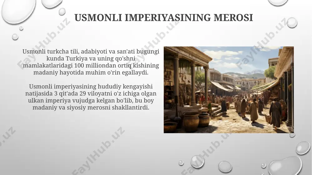 si harbiy mag‘lubiyatga uchrab, anadoli va mesopotamiya kabi hududlarini yo‘qotdi, bu imperiyaning parchalanishiga olib keldi. birinchi jahon urushi davrida usmonli imperiyasi 1914-yilda markaziy kuchlar safida qatnashdi, bu esa imperiyaning iqtisodiy va harbiy zaifligini yanada kuchaytirdi va arab isyoniga sabab bo‘ldi. usmonli imperiyasining zaiflashuvi 1683-yilda vena qamalining muvaffaqiyatsizligi usmonli imperiyasi uchun katta siyosiy va harbiy zarba bo'lib, avstriya bilan bo'lgan uzoq muddatli urushlarda kuchlar muvozanatini o'zgartirdi va imperiyaning kengayishini to'xtatdi. 19-asr boshlarida misrda muhammad ali pasha tomonidan qo'zg'olon ko'tarilishi va usmonli hukumatining ushbu qo'zg'olonga qarshi kurashda zaifligi imperiyaning markaziy hokimiyatining zaiflashuvini va viloyatlarning mustaqillikka intilishini ko'rsatdi. zamonaviy oʻzbekiston va usmonli imperiyasi usmonlilar davrida oʻzbekiston hududlaridan turli xil hunarmandchilik buyumlari, jumladan, ipak va gilamlar, istanbul bozorlariga eksport qilingan. 18-asrda oʻzbekistondagi buxoro amirligi bilan usmonli imperiyasi o'rtasida diplomatik aloqalar mavjud bo'lib, savdo va madaniy almashinuv kuzatilgan. e'tiboringiz uchun rahmat @taqdimot_robot image3.png image4.jpg image5.jpg image6.jpg image7.jpg image8.jpg image9.jpg image10.jpg image11.jpg image12.jpg image13.jpg image14.jpg image15.jpg …
