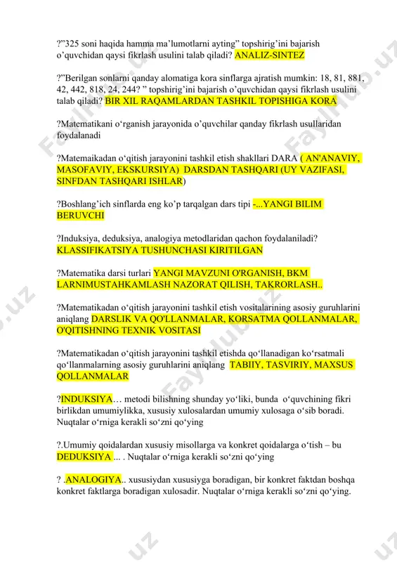 tikadan o‘qitish jarayonini tashkil etish vositalarining asosiy guruhlarini aniqlang darslik va qo'llanmalar, korsatma qollanmalar, o'qitishning texnik vositasi ?matematikadan o‘qitish jarayonini tashkil etishda qoʻllanadigan koʻrsatmali qoʻllanmalarning asosiy guruhlarini aniqlang tabiiy, tasviriy, maxsus qollanmalar ?induksiya… metodi bilishning shunday yoʻliki, bunda oʻquvchining fikri birlikdan umumiylikka, xususiy xulosalardan umumiy xulosaga oʻsib boradi. nuqtalar oʻrniga kerakli soʻzni qoʻying ?.umumiy qoidalardan xususiy misollarga va konkret qoidalarga oʻtish – bu deduksiya ... . nuqtalar oʻrniga kerakli soʻzni qoʻying ? .analogiya.. xususiydan xususiyga boradigan, bir konkret faktdan boshqa konkret faktlarga boradigan xulosadir. nuqtalar oʻrniga kerakli soʻzni qoʻying. ?butunni uning tashkil etuvchi qismlariga ajratishga yoʻnaltirilgan fikrlash (tafakkur) usuli nima deb ataladi analiz ? predmetlar yoki xodisalar orasida bogʻlanishlar oʻrnatishga yoʻnaltirilgan tafakkur usuli nima deb ataladi sintez ?nomerlash mazmuni nimadan iborat sonalrni hosil qilish, nomlash, yozish, taqqoslash ?nomerlashning qanday turlari bor og'zaki va yozma ?100 ichidа nomerlаsh bosqichlаri 1 tadan qoshish orqali 10 soni hosil qilinadi, 10 ta sanoq chopi …