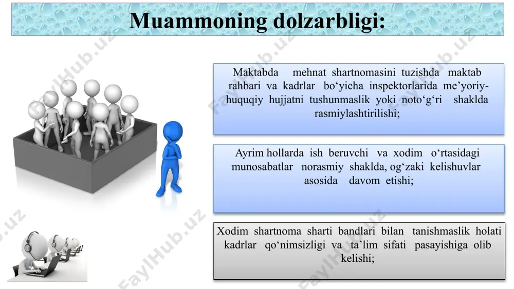 zmatchisi maqomi) beriladi, bu ularga doimiy ish o‘rni va pensiya kafolatlarini ta’minlaydi. beamtenstatus maqomi bo‘lgan o‘qituvchilar ishdan bo‘shatilishdan himoyalangan va ularga uzoq muddatli ish barqarorligi ta’minlanadi. mehnat kodeksi asosida ishdan bo‘shatish faqat rasmiy sabablarga asoslanishi shart. 8 9 t/r amaldagi holat (o’zbekistonda) amaldagi holat (xorijda) takliflar 1 o‘zbekistonda mehnat shartnomasini standart me’yorida tuzilgan mehnat kodeksi va qonunchilik hujjatlari asosida amalga oshiriladi. maktabda xodim va ish beruvchi o‘rtasida shartnoma mehnat kodeksida belgilangan moddalar asosida ( muayyan va nomuayyan) tuziladi. angliyada mehnat shartnomlari doimiy yoki agentlik orqali ishlaydigan supply teacher uchun vaqtinchalik tuziladi. angliyada belgilangan darajadagi yashash joyiga qarab ustama beriladi.sinfdan tashqari ishlari uchun soatbay haq to’lanadi.ish vaqti 8:30-15:30 ga qadar, haftada 5 kun . farzandi tahsil olayotgan maktabida ishlashi mumkin maktab jamoasi bilan mehnat shartnomasini tuzish amaliyotida “pedagogning maqomi to‘g‘risida”gi qonun, ,mehnat kodeksini samarali qo‘llash orqali mehnat nizolarini oldini olish,kadrlar qo‘nimsizligini bartaraf etish ,jamoada sog‘lom muhitni yaratish 2 o‘zbekistonda maktablarda tuziladigan …