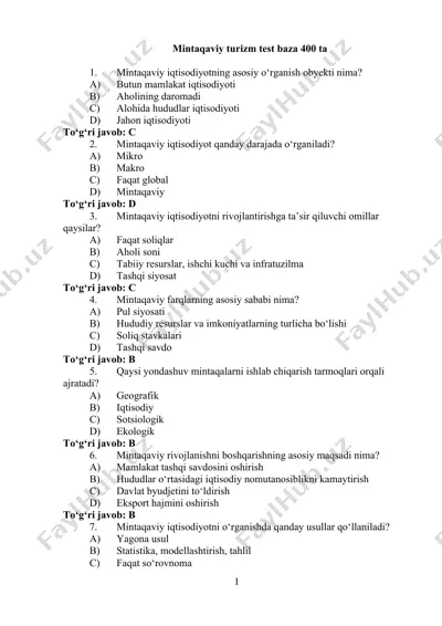mintaqaviy turizm test baza 400 ta — DOCX
