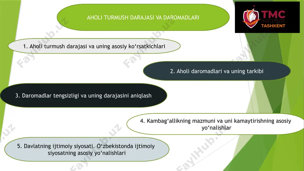 sh o‘z-o‘zidan aniqki, iqtisodiy o‘sish daromadlarning ko‘payishiga olib keladi. bunda butun aholi daromadlari mutlaq miqdorda asta-sekin o‘sib boradi. daromadlarning mutlaq miqdori ko‘payib borsa-da, har doim ham daromadlar tengsizligi darajasiga ta’sir ko‘rsatmasligi mumkin. daromadlar tengsizligi darajasini miqdoriy aniqlash uchun jahon amaliyotida lorens egri chizig‘idan foydalaniladi (24.3-rasm). daromadlar tengsizligi kamayishining taxminan 80 foizini asosan transfert to‘lovlari taqozo qiladi. aniqroq aytganda davlat transfert to‘lovlari eng past daromad oluvchi kishilar guruhi daromadining asosiy qismi (70-75 foiz)ni tashkil qiladi va qashshoqlikni yumshatishning eng muhim vositasi hisoblanadi. 4. kambag‘allikning mazmuni va uni kamaytirishning asosiy yo‘nalishlari kambag‘allik – bu hayot uchun muhim bo‘lgan birlamchi ehtiyojlarini qondira olmaydigan, ishga layoqatli bo‘lib, o‘z naslini davom ettirish uchun yetarli daromadga ega bo‘lmagan shaxs yoki ijtimoiy guruhning iqtisodiy holatidir. xuddi marksistlarniki kabi, g‘arb liberal nazariyasida ham, kambag‘allik, shaxs yoki uning oilasi asosiy hayotiy ehtiyojlarni qondirish uchun vositalar bo‘lmagandagi holatini anglatadi. mutlaq kambag‘allik – daromadlarning umuman yo‘qligi yoki shaxsning (oilaning) minimal turmush …