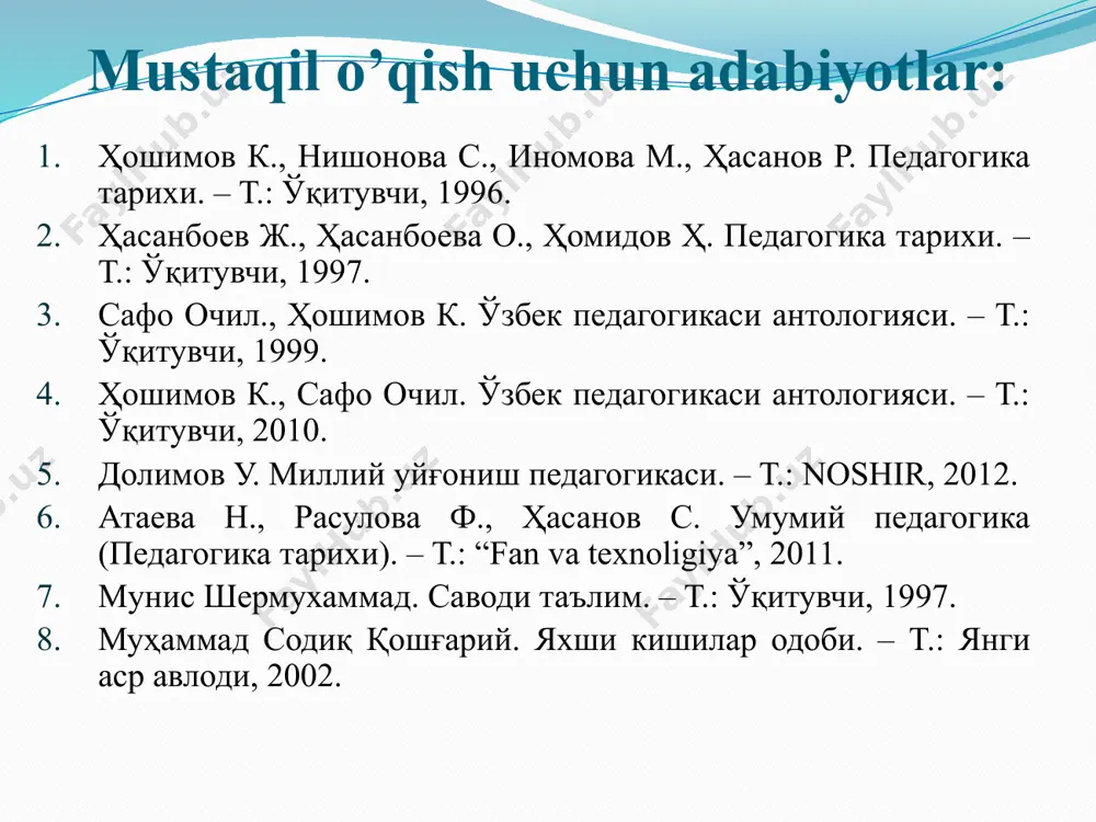 bir necha yil mobaynida maktabda ta’lim olgan tinglovchilar qabul qilingan. ushbu ta’lim muassasasida muayyan o‘qish muddati yo‘q bo‘lib, tinglovchilar «daloil al-xayrot» asarini yod olish bilan mashg‘ul bo‘lganlar. ayrim zehni o‘tkir talabalar mazkur kitobni 2-3 oyda o‘qib bitirganlar, ayrimlari esa yil davomidagina bunga erishganlar. bo’limlar kurslar mashg’ulotlarning tashkil etilish tartibi madrasa odatda ikki bo‘limdan, ya’ni: quyi (ibādat al-’islām) va yuqori (mas’ola) bo‘limlardan iborat bo‘lgan. birinchi bo‘limda talabalar din ahkomlarini o‘rganganlar. ikkinchi bo‘limda esa – qur’oni karimga muvofiq holda bayon etilgan islomning asosiy qonunlari o‘qitilgan. bundan tashqari, arab tilshunosligi, mantiq, tarix, she’r yozish ilmi, metafizika va boshqa fanlar ham o‘qitilgan. madrasa talabalarini shartli ravishda uchta kursga bo‘lish mumkin. birinchi, ya’ni boshlang‘ich kurs adnā (quyi), ikkinchi kurs – avsat (o‘rta) va uchinchi kurs – a‘lo (yuqori) deb nomlangan. shu o‘rinda bunday kurslarga ajratish faqat yirik madrasalarda mavjud bo‘lgani, talabalar soni 20 kishiga yetmagan kichik madrasalarda esa talabalarning barchasi faqat bitta mudarrisga mashg‘ulotga qatnaganlarini …