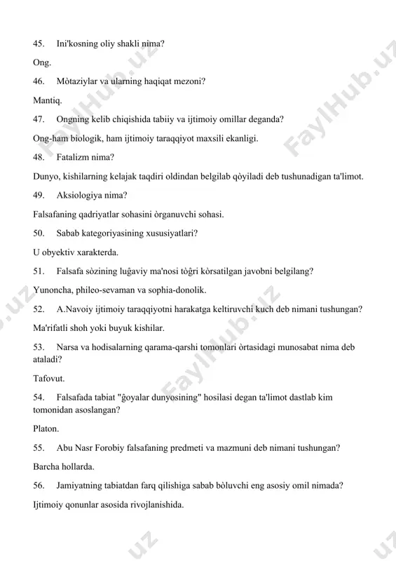 ta’limot 75. platon ta’limotidagi ideal jamiyatda davlatni kimlar boshqarishi zarur deyilgan? faylasuflar. 76. inson bilishining umumiy qonuniyatlarini falsafaning qaysi qismi o’rganadi? gnoseologiya. 77. turkiy tilde yaratilgan dastlabki asarlardan biri qutadg’u bilig ? yusuf xos hojib 78. jamiyatning ijtimoiy strukturasini aniqlang? sotsial sinflar, ijtimoiy guruhlar? 79. davlat nima? ijtimoiy muhitga o‘ta faol ta'sir o‘tkazuvchi siyosiy tashkilot 80. "jafokash avliyo haqida doston" va "xo’jayinning qul bilan suhbati" kabi asarlarda qaysi qadimgi xalqlarning yaxshilik bilan yomonlik, xurlik bilan xo‘rlikning bir-biriga tubdan zid, qarama-qarshi va murosasizligi haqidagi falsafiy g‘oyalari ilgari suriladi? qadimgi bobilliklarning 81. sensualizm va uning mohiyati nima? bilishda sezgi a’zolarining hal qiluvchi ahamiyatini e’tirof etuvchi ta’limot. 82. mirzo ulug’bekning tarixiy ahamiyatga ega asarlari qanday nomlanadi? “tarixi arba’ ulus”, “ziji ko’ragoniy” 83. harakat-…. rivojlanish manbai. 84. nisbiy haqiqat nima? ijtimoiy taraqqiyotning har bir bosqichida doimo yangilanib turuvchi bilimlar 85. falsafiy kategoriyalar deb nimaga aytiladi? mazmunan kengaytirib bo’lmaydigan eng umumiy tushunchalar. 86. ijtimoiy muhitda …