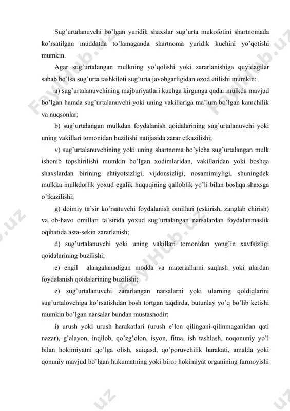 ganining farmoyishi bilan musodara qilish, rekvizitsiya, buzish yoki zararlantirish, yadro reaktsiyasi, yadro nurlanishi yoxud radioaktiv zararlanish. ichki sanitariya texnikasi tizimlari buzilganda quyidagi: a) agar falokat sug’urtalanuvchining ehtiyotsizligi yoki noshud hatti-harakatlari tufayli yuz bergan; b) basharti falokat uchinchi shaxslarning ataylab qilgan yoki ataylab qilmagan xatti-harakatlari oqibatida yuz bergan hollarda sug’urta tashkiloti etkazilgan zarar uchun javob bermaydi. 3. sug’urta qoplamasi sug’urta-lanuvchining zararni qoplash to’g’risidagi yozma arizasi, shuningdek, vakolatli organlardan olingan tegishli hujjatlar asosida to’lanadi. bunday hujjatlarning taqdim etilmasligi sug’urtalovchiga ushbu hujjatlar bilan tasdiqlanmagan zarar uchun tovon to’lashni rad etish huquqini beradi. sug’urtalanuvchi sug’urta hodisasi sodir bo’lgani haqida ariza bergach, komissiya tuzilib, uning tarkibiga sug’urtalanuvchining, sug’urtalovchining, zarur hollarda esa vakolatli tashkilotlarning ham vakillari kiritiladi. komissiya muayyan muhlat ichida zararlanish sabablari va mikdorini aniklaydi. komissiya sug’urta hodisasini e’tirof ettan taqdirda yo’qotish va zararlar mikdori, shuningdek to’lanishi lozim bo’lgan sug’urta qoplamasining mikdori aniqlanadi. tomonlar buni dalolatnomada qayd etadilar. mazkur dalolatnoma sug’urtalanuvchiga sug’urtalovchi tomonidan suturta tovoni …