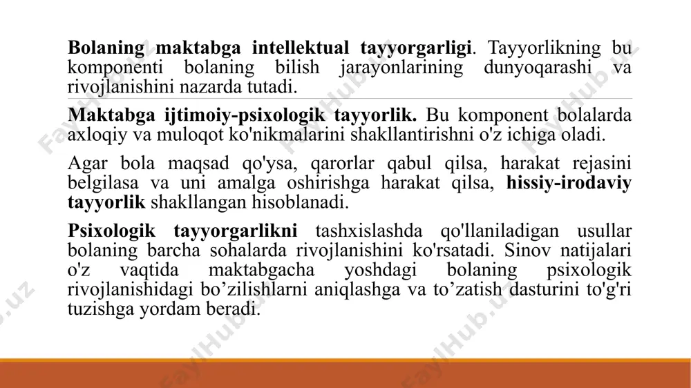a ko'p narsalarni bilib oladi. uning ongi nafaqat alohida tasvirlar, g'oyalar bilan to'ldirilgan, balki atrofdagi voqelikni yaxlit idrok etish va tushunish bilan tavsiflanadi. an'anaga ko'ra, maktab kamolotining uchta jihati bor: intellektual, hissiy va ijtimoiy. intellektual kamolot deganda tabaqalashtirilgan idrok (idrok yetukligi) tushuniladi, shu jumladan, fondan figurani tanlash; diqqatni jamlash; hodisalar orasidagi asosiy aloqalarni tushunish qobilyatida ifodalangan analitik fikrlash; mantiqiy yodlash imkoniyati; naqshni qayta tiklash qobilyati, shuningdek nozik qo'l harakatlari va sensorimotor koordinatsiyani rivojlantirish. aytish mumkinki, shu tarzda tushunilgan intellektual kamolot asosan miya tuzilmalarining funktsional kamolotini aks ettiradi. hissiy yetuklik deganda, odatda, impulsiv reaktsiyalarning pasayishi va unchalik jozibali bo'lmagan vazifani uzoq vaqt davomida bajarish qobilyati tushuniladi. ijtimoiy kamolotga bolaning tengdoshlari bilan muloqotga bo'lgan ehtiyoji va o'z xatti -harakatlarini bolalar guruhlari qonunlariga bo'ysundirish qobilyati, shuningdek, maktab sharoitida o'quvchi rolini o'ynash qobilyati kiradi. maktabda sen uchun eng qiziqarli narsa nima? a) dars b) baho olish sen bo`sh vaqtingda nima bilan shug`ullanishni yoqtirasan? a) …