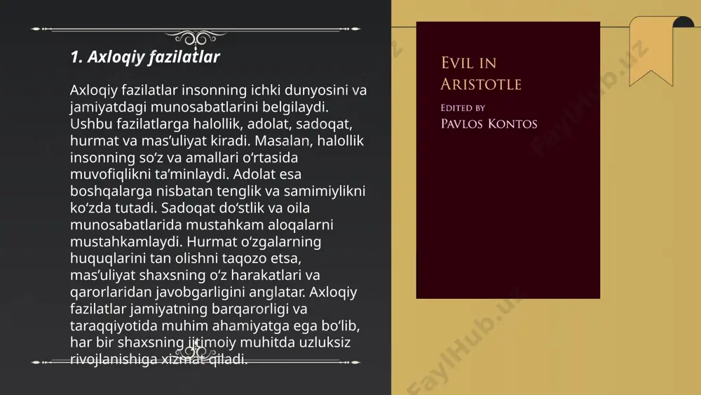 hurmatni ta’minlash uchun zarurdir. misol uchun, markaziy osiyoda, jumladan o‘zbekistonda, mehmondo‘stlik va kattalarga hurmat ko‘rsatish asosiy qadriyatlar hisoblanadi. ushbu qadriyatlar buyuk mutafakkirlar va adiblar asarlarida ham o‘z aksini topgan. axloqiy qadriyatlar hamisha jamiyat taraqqiyoti uchun muhim bo‘lib kelgan va kelajak avlodlarning tarbiyasiga ta’sir ko‘rsatishda davom etmoqda. ... t.me/slaydai_bot 7. axloqiy tarbiya axloqiy tarbiya insonlar orasidagi munosabatlarni tartibga soluvchi axloq normalari va qadriyatlari majmuasini o‘z ichiga oladi. bu jarayon insonga to‘g‘ri va noto‘g‘ri xatti-harakatlarni farqlashda yordam beradi. axloqiy tarbiya maktablarda o‘quv dasturlariga kiritilib, bolalar va yoshlar o‘rtasida mustahkam axloqiy asoslarni shakllantirishga qaratilgan. jamiyatda sog‘lom muhit yaratish uchun axloqiy tarbiya muhim ahamiyatga ega. shu bilan birga, oilalardagi axloqiy tarbiya farzandlarning tashqi muhitda duch keladigan muammolarni tushunish va hal qilish qobiliyatini rivojlantiradi. statistik ma'lumotlarga ko‘ra, axloqiy tarbiyaga e’tibor berilmagan jamiyatlarda jinoyatchilik va ijtimoiy muammolar xavfi yuqori. ... t.me/slaydai_bot vyijdon va axloq insonning axloqiy mezonlarini belgilovchi muhim tushunchalardir. vyijdon shaxsning ichki nazorati bo’lib, yaxshi …