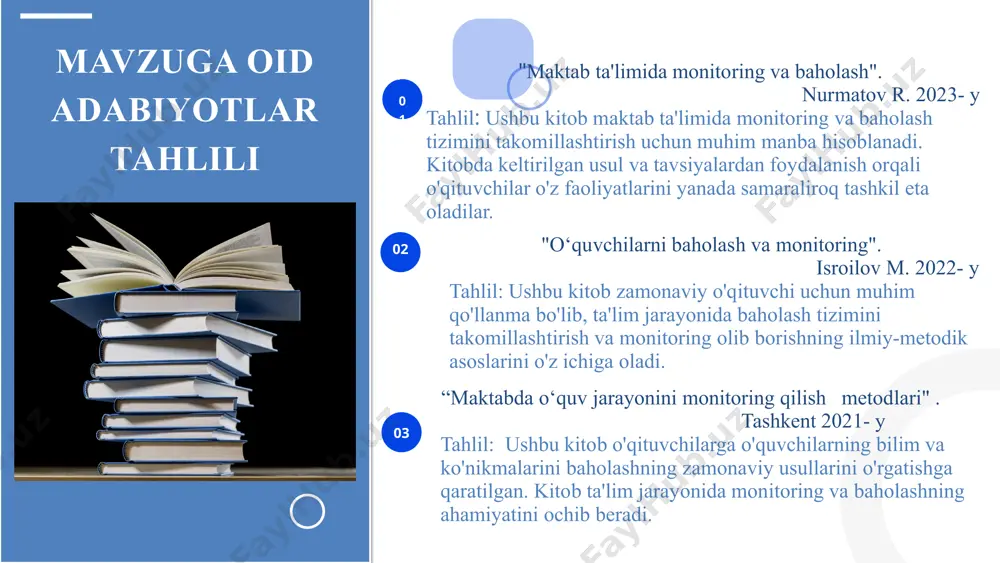 if (maktabda) 1 yangi baholash tizimlari joriy qilinmoqda va bunga bosqichma bosqich o‘tilmoqda aqshda. 1.standartlashtirilgan testlar – davlat miqyosida ta’lim sifatini baholash uchun keng qamrovli testlar o‘tkaziladi. 2. ochiq baholash usullari – portfoliyo, loyiha ishlari, esse va ijodiy topshiriqlar orqali o‘quvchilarning qobiliyatlari baholanadi. 3. stem ta’limida amaliy baholash – tajribaviy loyihalar, laboratoriya ishlari va muammolarni yechish orqali baholash amalga oshiriladi. o‘quvchilarning bilim va salohiyatini baholovchi zamonaviy tizimni yo‘lga qo‘yish va bu jarayonning shaffofligini va doimiyligini taminlash maqsadida hamkor tashkilotlar nazoratini kuchaytirish. 2 yurtimizdagi bahlosh tizimlari asosan bolalarning bilimlarini baholashga mo‘ljallangan bo‘lib, faqat mavzu, uyga vazifa so‘raladi buyuk britaniyada. 1.maktab ta’limining yakuniy bosqichida milliy baholash tizimi mavjud. 2. kichik sinflarda formativ baholash – o‘quvchilar dars jarayonida refleksiya (o‘z-o‘zini baholash) va muhokama orqali bilimlarini oshiradi. 3. baholashning ko‘p komponentli tizimi – sinovlar, loyiha ishlari, intervyu va amaliy topshiriqlar asosida baholash olib boriladi. maktab o‘quvchilarining amlaiy ishlar qilish, bilim va ko‘nikmalarini labaratoriyalarda, test …