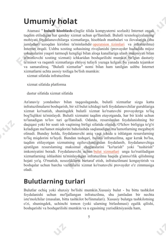 asi) egalik qilishi, boshqarishi va boshqarilishi mumkin va u egasining yurisdiktsiyasida ham, 5 tashqarisida ham mavjud bo'lishi mumkin. umumiy bulut (inglizcha public cloud) - keng omma tomonidan bepul foydalanishga mo'ljallangan infratuzilma. umumiy bulutga tijorat, ilmiy va hukumat tashkilotlari (yoki ularning har qanday birikmasi) egalik qilishi, boshqarishi va boshqarilishi mumkin. umumiy bulut jismonan egasi - xizmat ko'rsatuvchi provayderning ixtiyorida mavjud. gibrid bulut - ikki yoki undan ko'p turli xil bulutli infratuzilmalarning (xususiy, jamoat) kombinatsiyasi bo'lib, ular noyob ob'yektlar bo'lib qoladilar, ammo standartlashtirilgan yoki shaxsiy ma'lumotlar va amaliy ma'lumotlarni uzatish texnologiyalari bilan o'zaro bog'langanlar (masalan, bulutli resurslardan muvozanat uchun qisqa muddatli foydalanish). bulutlar orasidagi yuklar). jamiyat buluti - umumiy vazifalari bo'lgan tashkilotlarning ma'lum bir iste'molchilari tomonidan foydalanishga mo'ljallangan infratuzilma turi. umumiy bulut kooperativ (birgalikda) egalik qilish, boshqarish va bir yoki bir nechta jamoat tashkilotlari yoki uchinchi tomonning (yoki ularning har qanday kombinatsiyasining) tarkibida bo'lishi mumkin va u egasining yurisdiktsiyasi ichida ham, tashqarisida …