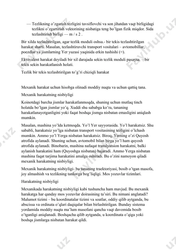 i bir xil darajada sekin tezlik moduli pasaysa. – bir tekis sekin harakatlanish holati. tezlik bir tekis tezlashtirilgan to’g’ri chiziqli harakat mexanik harakat uchun hisobga olinadi moddiy nuqta va uchun qattiq tana. mexanik harakatning nisbiyligi koinotdagi barcha jismlar harakatlanmoqda, shuning uchun mutlaq tinch holatda bo’lgan jismlar yo’q. xuddi shu sababga ko’ra, tananing harakatlanayotganligini yoki faqat boshqa jismga nisbatan emasligini aniqlash mumkin. masalan, mashina yo’lda ketmoqda. yo’l yer sayyorasida. yo’l harakatsiz. shu sababli, harakatsiz yo’lga nisbatan transport vositasining tezligini o’lchash mumkin. ammo yo’l yerga nisbatan harakatsiz. biroq, yerning o’zi quyosh atrofida aylanadi. shuning uchun, avtomobil bilan birga yo’l ham quyosh atrofida aylanadi. binobarin, mashina nafaqat translyatsion harakatni, balki aylanish harakatini ham (quyoshga nisbatan) bajaradi. ammo yerga nisbatan mashina faqat tarjima harakatini amalga oshiradi. bu o’zini namoyon qiladi mexanik harakatning nisbiyligi. mexanik harakatning nisbiyligi- bu tananing traektoriyasi, bosib o’tgan masofa, joy almashish va tezlikning tanlovga bog’liqligi. mos yozuvlar tizimlari. harakatning nisbiyligi mexanikada …