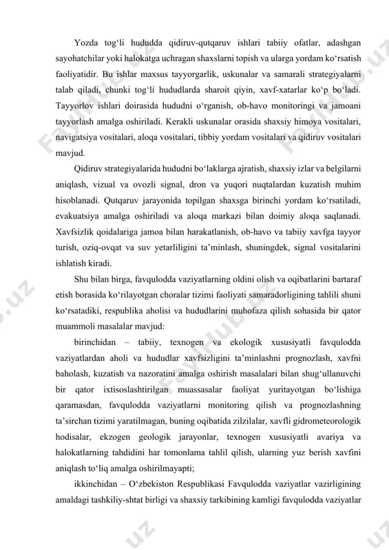 hning ta’sirchan tizimi yaratilmagan, buning oqibatida zilzilalar, xavfli gidrometeorologik hodisalar, ekzogen geologik jarayonlar, texnogen xususiyatli avariya va halokatlarning tahdidini har tomonlama tahlil qilish, ularning yuz berish xavfini aniqlash to‘liq amalga oshirilmayapti; ikkinchidan – o‘zbekiston respublikasi favqulodda vaziyatlar vazirligining amaldagi tashkiliy-shtat birligi va shaxsiy tarkibining kamligi favqulodda vaziyatlar profilaktikasi va ularning oqibatlarini tezkorlik bilan bartaraf etish bo‘yicha olib borilayotgan chora-tadbirlarni keng ko‘lamli va samarali amalga oshirishni ta’minlamayapti; uchinchidan – ayrim shahar va tumanlarda quyi bo‘g‘in mavjud emasligi va rivojlanmagani favqulodda vaziyatlar bo‘limlari tomonidan profilaktik chora-tadbirlarni mamlakatimizda tizimli ravishda amalga oshirishga imkon bermayapti, aholi va hududlarni favqulodda vaziyatlardan muhofaza qilishda yuzaga keladigan muammolarni hal etish borasida aholi bilan keng qamrovli muloqot olib borish hamda fuqarolarning o‘zini o‘zi boshqarish organlari bilan samarali hamkorlik qilishni ta’minlamayapti; to‘rtinchidan – o‘zbekiston respublikasi favqulodda vaziyatlar vazirligining professional qutqaruv otryadlari ma’muriy markazlarda joylashgani olis tumanlarda favqulodda vaziyatlarning oldini olish va ular sodir bo‘lganda qutqaruv otryadlarining jalb etilishida muayyan …