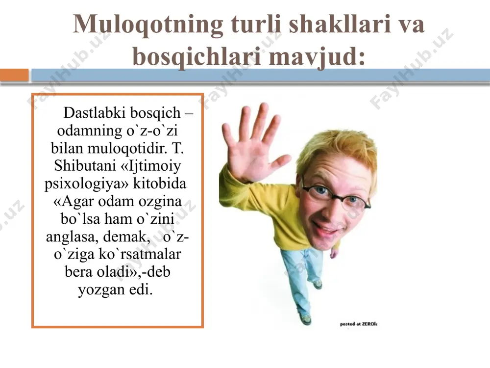 lzarb muammolardan biri- yoshlarda yangicha dunyoqarashni shakllantirish, ularni yangicha demokratik munosabatlarga ruhiy jihatdan tayyorlashdir. ma’naviyat sohasidagi islohotlar yoshlarda o’z xalqining madaniyati, vatanning o’tmishi va buguni, milliy qadriyatlarga to’g’ri munosabatlarning shakllanishiga sabab bo’ladi va bu- ziyoli, bilimdon kishilar uchun eng zarur fazilatdir. verbal ta’sir - bu so’z va nutqimiz orqali ko’rsatadigan ta’sirimizdir. bundagi asosiy vositalar so’zlardir. paralingvistik ta’sir - bu nutqning atrofidagi nutqni bezovchi, uni kuchaytiruvchi yoki susaytiruvchi omillar: tovushlar, to’xtashlar, duduqlanish, yo’tal, til bilan amalga oshiriladigan harakatlar, nidolar kiradi. noverbal ta’sir - bunga suhbatdoshlarning fazoda bir-birlariga nisbatan tutgan o’rinlari, holatlari (yaqin, uzoq, intim), qiliqlari, mimika, pantomimika, qarashlar, bir-birini bevosita his qilishlar, tashqi qiyofa va signallar kiradi. foydalanilgan adabiyot 1. a.v.petrovskiy. “umumiy psixologiya”, 1992 yil. 2. p.v.ivanov .“umumiy psixologiya”, 1972 yil. 3. a.n.leont’ev. “problem’ razvitiya psixika” image3.jpeg image4.jpeg image5.jpeg image6.jpeg image7.jpeg image8.png image9.png image10.jpeg image11.jpeg image12.jpeg image13.jpeg image14.jpeg image15.jpeg image16.jpeg image17.png image18.jpeg image19.jpeg /docprops/thumbnail.jpeg