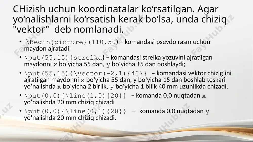 r psevdo rasm chizish \begin{picture}(50,43) bilan boshlanadigan bo‘lsa, keyin muhitni shunday boshlash kerak: \begin{wrapfigure}{0}{50\unitlength} matndan tashqari foydalanivchi chizmalarda chiziqlar, o‘qlar, aylanalar, doiralar va tasvirlar (burchaklari yumaloq to‘rtburchaklar) joylashtirishi mumkin. kesma va strelkalar satr segmentlari \line buyrug‘i yordamida aniqlanadi. segment chiqaradigan \put buyrug‘iga misol: \begin{document} \begin{picture}(100,50) \put(60,50){\line(1,-2){20}} \end{picture} \end{document} bu yerda boshlanishi (60, 50) nuqtada 100 × 50 o’lchamli chiziq chizilgan. chiziqning qiyaligi o‘rnatilgan vergul bilan ajratilgan qavs ichidagi bir juft butun son \line bilan berilgan. segmentning "qiyaligi"; bizda bu raqamlar (1, -2), ya’ni segment degani "bir birlik o‘ngga va ikkita birlik pastga" buriladi. agar ushbu raqamlar (1,0) bo’lsa gorizontal, agar (0,1) bo‘lsa, u holda vertikal segment bo‘ladi. qavsdan keyin segment kattaligi figurali qavslarda ko‘rsatilgan, unda qiya ko‘rsatilgan. ushbu o‘lcham, umuman aytganda, uning uzunligi emas, gorizontal o‘qga proeksiyasining uzunligi aylana, doira va ovallar(to‘g‘irimas doiralar) aylana \circle buyrug‘i bilan, doira (qattiq qora doira) "yulduzcha bilan" \circle* varianti bilan belgilanadi. ushbu buyruqlar faqat …