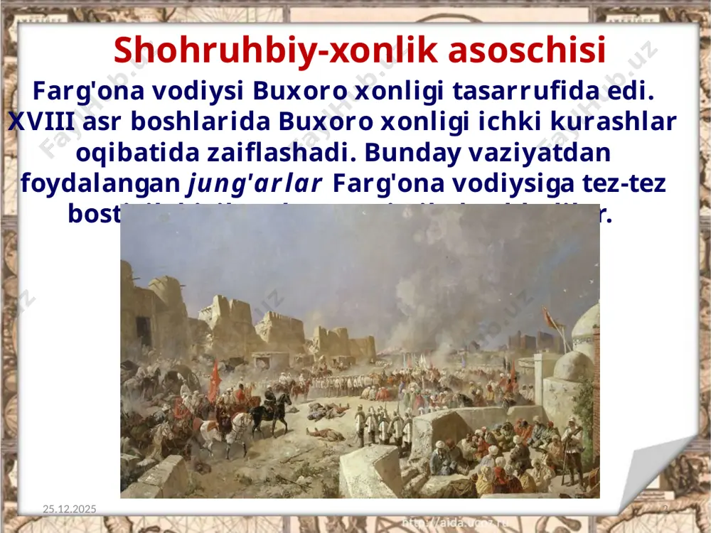 akatning qudrati o'sgan, hatto xitoy imperiyasi qo'qon xonligini tan olgan. orenburgga boradigan savdo yo'llari tutashgan joyda xonlikning chegara qal'asi oqmasjid qurildi. u o'z davlatini 1805-yili rasman qo'qon xonligi deb e'lon qildi, o'ziga esa «xon» rutbasini oldi va uni rasman olimxon deb atay boshlashdi. 29.06.2020 10 olimxon davlat tuzumi va boshqariluvi 29.06.2020 11 qo'qon xonligi davlat tuzumiga ko'ra mutlaq monarxiya edi. davlat boshlig'i xon bo'lib u rasman cheklanmagan huquqqa ega bo'lgan. xon davlatni hukmron qabila, ruhoniylar, boshqa qabilalarning hukmron tabaqalari, davlat boshqaruvi amaldorlari va harbiylarga tayanib boshqargan. qo'qon xon xudoyorxon tarixchi olim mahmud hoji o'zining «turkiston tarixi» kitobida 24 ta katta davlat mansabiga ta'rif bergan. unga ko'ra, xondan keyingi o'rinda qo'shbegi turgan. 29.06.2020 12 u xonning birinchi maslahatchisi bo'lib, ayni paytda katta shaharlardan biriga mustaqil hokim etib ham tayinlangan. qo'shbegi parvonachi mansabi ham o’z nufuzi jihatidan qo'shbegi vakolatiga teng bo'lgan. bora-bora xonlikda mingboshi mansabi birinchi o'ringa chiqqan. 29.06.2020 13 u xonlikda …