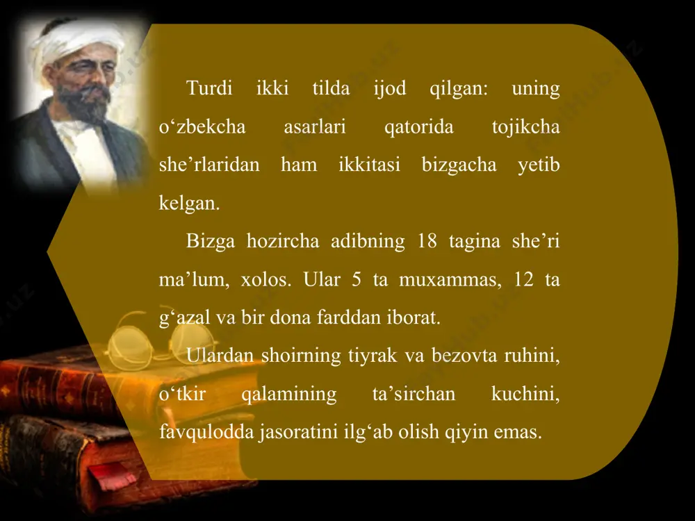 qin qilish mumkin: u shu darajada ozib-to‘zib ketganki, hozir ignaning teshigidan o‘tadigan ipga o‘xshab qolgan. hayot qiyinchiliklari uni shu darajada pishitganki, u hatto hayotning har qanday to‘siq va mashaqqatlaridan ham o‘tishni uddalay oladi. muxammas yod mandin kim berur: yaxshi zamonlar ko‘rdiman, rind sarxayli-yu xush ayshi damo-dam surdiman, halqayi ushshoqda bazm-u majolis qurdiman, mushti xokam davr-u davronlar(ni lekin) ko‘rdiman, xush dimog‘ etgan mayi sofi – hariflar, durdiman. qilmadim shukronayi, soldurdi tufroq oshima, qolmadi juz dard-u g‘am hamdam, musohib qoshima, haq o‘zi rahm aylag‘ay ohi sahar ko‘z yoshima, tafriqa toshini yog‘durdi zamona boshima, xonumon ovora selobi havodis surdiman. nozili hukmi qazo hech kim rad-u man’ etmadi, barcha bo‘yniga solan bu rishtani qat’ etmadi, ahli hole topmadim boshdin balo daf’ etmadi, kulfat-u g‘urbatni turluk sunnati raf’ etmadi, xor-u beqadramki mundin ortinib, jabrandiman. voqife yo‘q, bu musofirlig‘da mandin ne o‘tar, baski yuz ko‘yi bila ro‘zi kelib, ro‘zi ketar, o‘zmag‘ay mundin balo-yu bo‘lmagay mundin batar, …