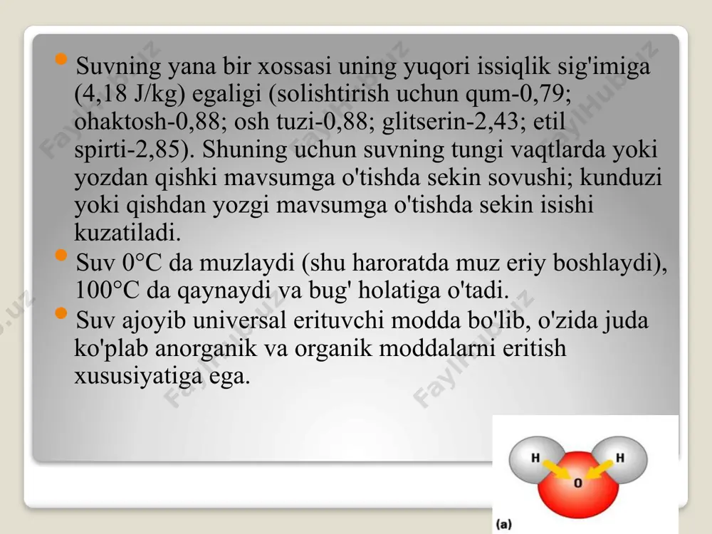 di? 5. eritmalar konsentratsiyalarining qanday turlari mavjud? 6. eritmaning xossalarini tushuntirib bering. 7. qanday eritmalar: a) normal; b) molyar deyiladi? moddaning u yoki bu erituvchida erish xususiyati eruvchanlik deyiladi. ko‘pincha, eruvchanlikni 100 g erituvchi massa birligini mazkur sharoitda to‘yintiruvchi suvsiz moddaning massa birligi soni bilan belgilanadi va bu yo‘l bilan ifodalangan eruvchanlikni eruvchanlik koeffitsienti deyiladi. 100g suvda 1g dan ortiq modda erisa - yaxshi eriydigan, 100g suvda 1g dan 0,001 gacha modda erisa kam eriydigan, 0,001g dan oz eriydigan moddalarga erimaydigan moddalar deyiladi. eritmada erigan modda miqdori ko‘p bo‘lgan eritmalar konsentrlangan eritmalar deyiladi. eritmada erigan modda miqdori kam bo‘lgan eritmalar esa suyultirilgan eritmalar deyiladi. image2.png image3.png image4.png image5.png image6.wmf oleobject1.bin image7.wmf image8.wmf oleobject2.bin oleobject3.bin image9.wmf oleobject4.bin 100 % 1 × = m m c 100 % × × = v d m c v mr m c m × × = 1000 1 v e m c × × = …