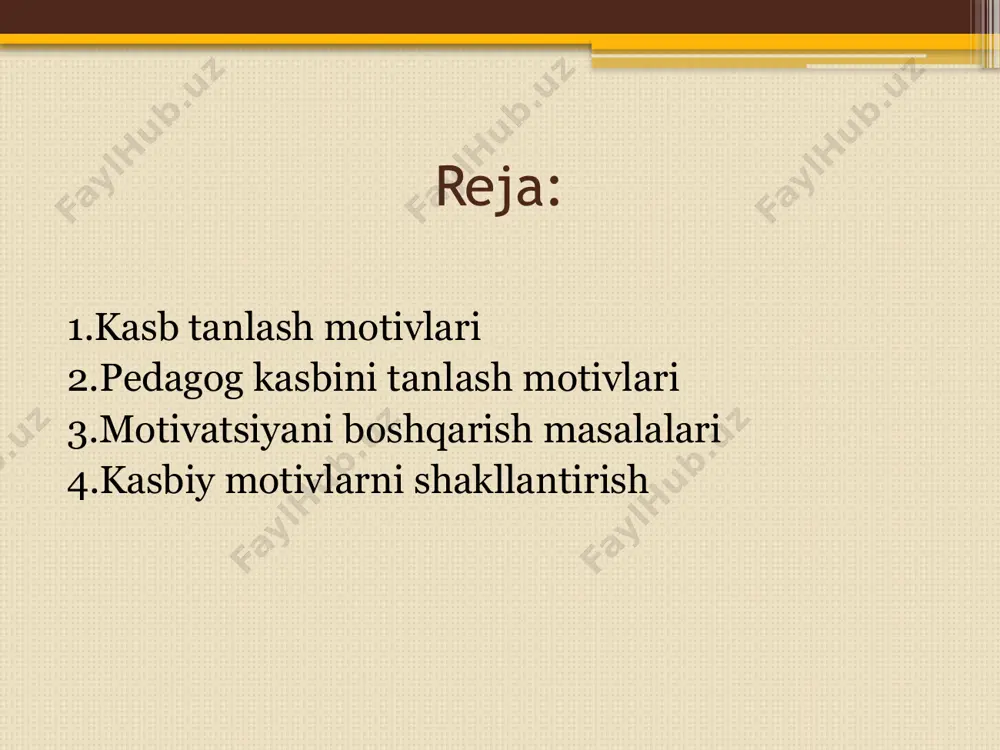 berish kerak boʻlganda ishlatiladi, ya’ni: “nega?”, “nima ushun?”, “nima maqsadda?”, “qnday manfaat yoʻlida?” degan savollarga javob qidirish – motivatsiyani qidirish demakdir. demak, u hulqning motivatsion tasnifini yoritishga olib keladi. shaxsning jamiyatda odamlar orasidagi xulqi va o‘zini tutishi sabablarini o‘rganish tarbiyaviy ahamiyatga ega bo‘lgan narsa bo‘lib, masalani yoritishning ikki jixati farqlanadi: ichki sabablar tashqi sabablar ya’ni xatti-xarakat egasining sub’ektiv psixologik xususiyatlari nazarda tutiladi (motivlar, extiyojlar, maqsadlar, mo‘ljallar, istaklar, qiziqishlar va xokazolar). faoliyatning tashqi shart-sharoitlari va xolatlari. ya’ni, bular ayni konkret xolatlarni kelib chiqishiga sabab bo‘ladigan tashqi stimullardir. tashqi motivatsion faktorlar: kasb tanlashda insonga o‘tkaziladigan bosimlar insonni o‘ziga tortib oluvchi va o‘zidan itaruvchi faoliyat turlari inersiya ichki motivatsion faktorlar kasbning xususiy motivatsion faktorlari mehnat sharoitlari kasbdan tashqarigi maqsadlarni amalga oshirishni imkoniyatlari borligi shaxs xulq-atvorini ichkaridan, ichki psixologik sabablar tufayli boshqarish odatda shaxsiy dispozisiyalar ham deb ataladi. anglanmagan dispozitsiyalar (ustanovkalar) ongli dispozitsiyalar ular shaxs tomonidan anglanishi yoki anglanmasligi ham mumkin. ya’ni, ba’zan shunday …