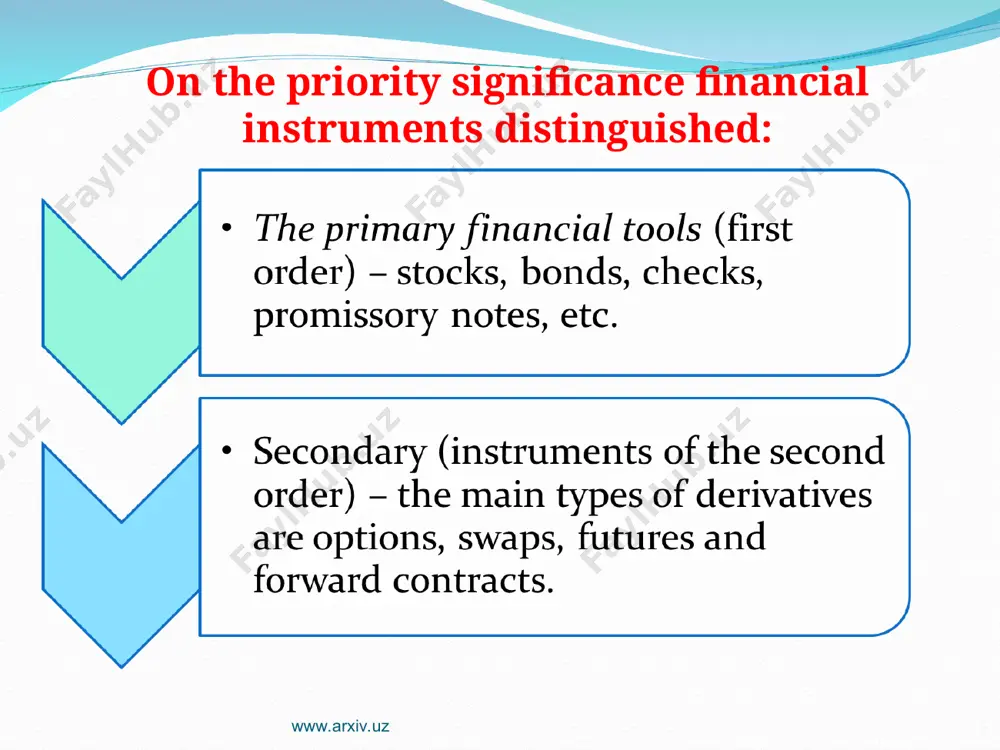 10. according to the financial obligations financial instruments are classified into the following types: -debt financial instruments; -equity financial instruments. -financial instruments with no further obligations; -debt financial instruments; -equity financial instruments. -financial instruments with no further obligations; -debt financial instruments. -financial instruments with no further obligations; -equity financial instruments. www.arxiv.uz * www.arxiv.uz 1. what financial instruments confirm the direct property rights or debt? derivative financial instruments; direct financial instruments; *primary financial instruments; privileged financial instruments. 2. debt security, which has stated time of period and fixed percentage of annual income for its owner called... shares; *bonds; bill; forward. 3. which security confirms the obligation of the owner to buy or sell assets in the future at a predetermined price? shares; bonds; bill; *forward. 4. financial instruments are as follows: refinancing rate of the central bank; * cash, currency, accounting records; intangible assets; fixed assets of the company. 5. financial …