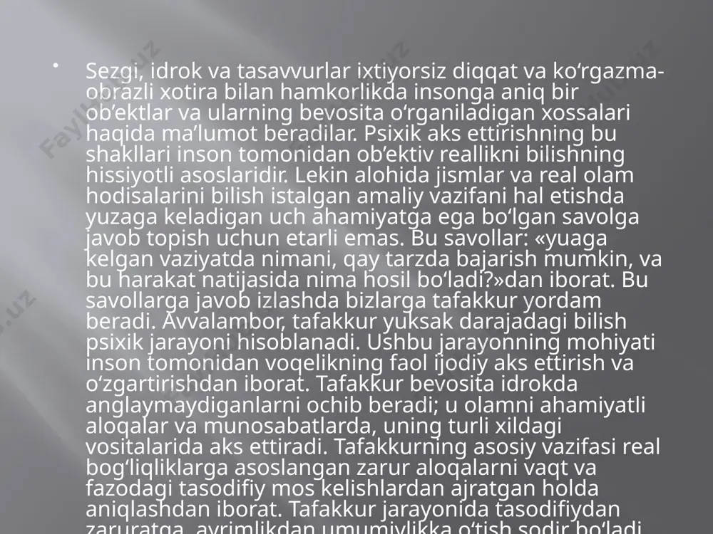 r bir dalil, har bir hodisa o‘tmishdagi dalillar va hodisalar asosida tayyorlanadi. hech bir narsa etarlicha asossiz sodir bo‘lmaydi. etarlicha asoslash qonuni inson fikrining har bir mulohazada o‘zaro bog‘langan bo‘lishini, birining ikkinchisidan kelib chiqishini talab etadi. har bir xususiy fikr umumiyroq fikr bilan asoslangan bo‘lishi kerak. tafakkur quyidagi asosiy qonuniyatlarga bo‘linadi: 1. tafakkur muammoni hal etish bilan bog‘liq ravishda yuzaga keladi; muammoli vaziyat yuzaga kelish sharoiti vazifasini o‘taydi, u boshlang‘ich ma’lumotning taqchilligi, sub’ektning aqliy faolligi yordamida engib o‘tish zarur bo‘lgan ma’lum bilish to‘siqlari, qiyinchiliklarning yuzaga kelishi bilan xarakterlanadi. 2. tafakkurning asosiy mexanizmi, uning umumiy qonuniyati sintez orqali tahlil qilish: ob’ektni boshqa ob’ektlar bilan taqqoslash vositasida unda yangi xossalarni ajratish hisoblanadi; shunday qilib, «ob’ektdan, yangi mazmun yig‘ib olinadi, u har safar o‘zining boshqa tomonlari bilan o‘girilgandek bo‘ladi, unda yanada yangi xossalar namoyon bo‘ladi» (s.l. rubinshteyn). 3. tafakkurning asoslanganligi: har bir dalil, har bir hodisa o‘tmishdagi dalillar va hodisalar asosida tayyorlanadi. hech …