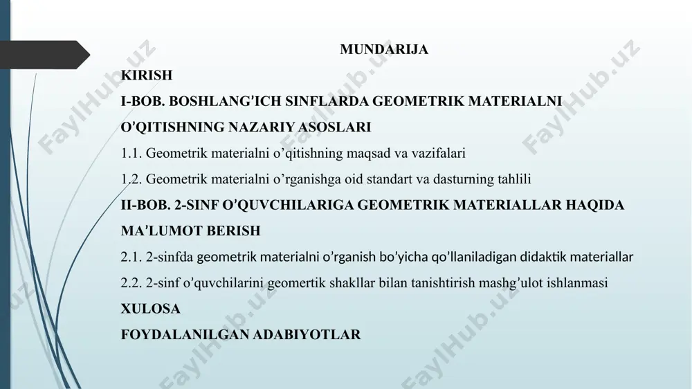ni o’qitishning didaktik ta’minotini ishlab chiqish. kurs ishi vazifalari: - boshlang’ich sinflarda geometriya elementlarini o’qitishning maqsadi, vazifalari, o’rnini aniqlash, geometrik materiallarning mazmunini yoritish; - geometriya elementlariga oid standart va dastur talablarini o’rganish; - 2-sinf o’quvchilarini geomertik shakllar bilan tanishtirish jarayonini ilimiy tahlil qilish; - 2-sinfda geometrik materialni o’rgatishda qo’llaniladigan didaktik materiallardan foydalanish metodikasini o’rganish ; - 2-sinfda geometriya elementlariga oid didaktik materiallarning turi va mazmunini aniqlash; i-bob. boshlang’ich sinflarda geometrik materialni o’qitishning nazariy asoslari geometrik materialni o’qitishning maqsad va vazifalari geometrik material boshlang’ich sinf matematika dasturida katta o’rinni oladi. ko’pchilik hollarda bu material arifmetik material bilan uzviy bog’lanadi. shu bilan birga geometriya elementlarini o’rganishga ilgariga qaraganda ko’proq mustaqillik beriladi va maqsadga yo’naltiriladi. boshlang’ich sinflarda geometrik materialni o’rgatishning asosiy maqsadi geometrik figuralar (nuqta, burchak, to'g’ri va egri chiziq, ko'pburchak, aylana va doira) haqida, ularning elementlari haqida, figuralar va ularning elementlari orasidagi munosabatlari haqida, ularning ba'zi xossalari haqidagi tasavvurlarning to’la sistemasini tarkib …