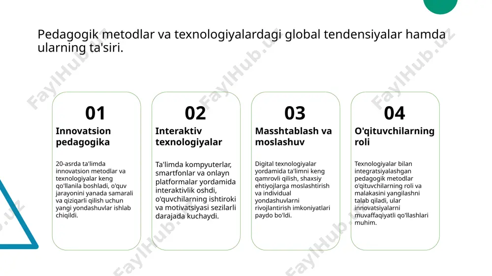 siya - jahon miqyosida ta'lim siyosati xalqaro standartlar va kelishuvlar asosida shakllandi. bu esa ta'lim sifatini oshirish va xalqaro hamkorlikni kengaytirdi. 3 inson huquqlari va tenglik - asosiy o'zgarishlardan biri inson huquqlari va ta'limda tenglik tamoyillarining joriy etilishi bo'ldi. bu o'qitishni keng qamrovli va inklyuziv qilishga olib keldi. 4 texnologik ta'sir - siyosatdagi yangiliklar texnologik yutuqlar bilan uyg'unlashdi. onlayn ta'lim, raqamli resurslar va innovatsiyalar ta'lim siyosatining ajralmas qismiga aylandi. o'zbekiston ta'limida xalqaro tajriba va texnologik yutuqlarning integratsiyasi imkoniyatlari. xalqaro tajriba integratsiyasi o'zbekiston ta'limida xalqaro tajribani joriy qilish uchun xalqaro standartlar va metodologiyalarni o'rganish va ularni mahalliy sharoitga moslashtirish muhimdir. bu jarayon ta'lim sifatini oshirish va global raqobatbardosh kadrlar tayyorlash uchun asos bo'ladi. texnologik yutuqlar zamonaviy texnologiyalar, masalan, onlayn ta'lim platformalari va interaktiv o'quv qurollari, o'zbekiston ta'limida keng qo'llanilib, o'quv jarayonini yanada samarali va qiziqarli qiladi. ular ta'limga keng qamrovli yondashuvni ta'minlaydi. xalqaro hamkorlik imkoniyatlari o'zbekiston xalqaro ta'lim muassasalari va tashkilotlar …