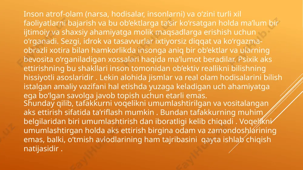 ajribaviy yo‘nalishlari mavjud. filogenetik yo‘nalish insoniyat tarixiy rivojlanish jarayonida inson tafakkuri rivojlanishi va takomillashishini o‘rganishni taqazo etadi. ontogenetik yo‘nalish bir odamning hayotiy jarayoni asosiy bosqichlarining rivojlanishi bilan bog‘liq. o‘z navbatida, tajriba yo‘nalishi tafakkurni tajribada tadqiq etish muammolari va aqlning alohida, sun’iy tashkil etilgan sharoitlarda rivojlanish imkoniyati bilan bog‘liq. e`tiboringiz uchun rahmat tayorladi: 209-guruh talabasi toxirova muxayyo image1.jpg image2.jpg /docprops/thumbnail.jpeg