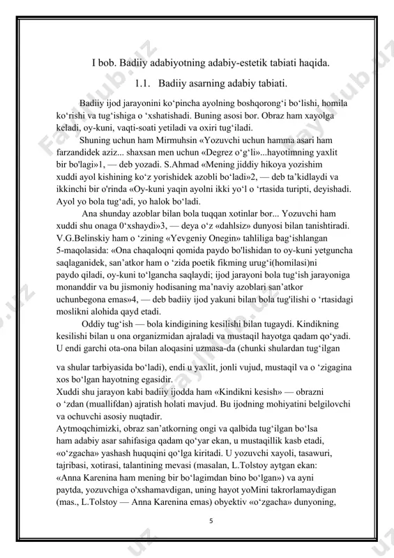 — ruhiy va tashqi olamini o ‘zligi bilan boyitadi, poklaydi va ezgulikka, insoniylikka yetaklaydi. ushbu jarayonning mohiyatini tomiqroq anglashning zarurati shundaki, u badiiylik unsurlarining barchasini yanada aniqlashtiradi, oydinlashtiradi, yaqqol bilishga va amaliyotda asosliroq foydalanishga imkoniyat yaratadi. darhaqiqat, badiiylikni vujudga keltiruvchi — mavzu va g‘oya, obraz va xarakter, syujet va kompozitsiya, badiiy til va uslub, tur va janrlar kabi vositalar har bir asarda betakror tarzda uyg'unlashadilar va har safar ham jonli bir vujudni — aniq bir farzandni dunyoga keltiradilar. shu sabab ham adabiyot(insoniyat)ni o ‘rganish uchun, dastawal, asar (farzand) tahlili — aniqroq saboq va xulosalarga olib keladi. ha, o ‘zlikni bilmasdan turib, insonni bilish mumkin emasligini, adabiy jarayon ham tasdiqlaydi. shu mulohazalarga asoslanib, badiiy asarni qismlarga bo‘lib tekshirishga o‘tamiz. bulaming birinchisi —mazmun va shakl hodisasidir, chunki har qanday predmet, hodisa, narsa — o ‘zining mazmuni va shakli mutanosibligida voqe bomadi va mavjudligini, bir butunligini namoyon etadi. mazmun. hayot - tabiiy borliq …