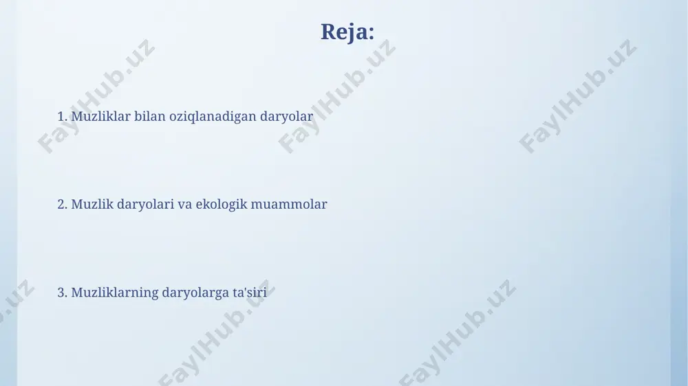 g himoloy togʻlaridagi gang daryosi havzasining 30% dan ortigʻi muzliklar bilan oziqlanadi, bu esa 1 milliarddan ortiq odamning suv ta'minoti uchun juda muhim hisoblanadi. qirgʻizistonning tian-shan togʻlaridagi muzliklarning erishi natijasida yuzaga keladigan daryolar, 1500 dan ortiq kichik va yirik muzliklar bilan oziqlanadi va bu daryolar suv energiyasi ishlab chiqarishda muhim ahamiyatga ega. muzlik daryolaridagi suv resurslari muzlik daryolari, masalan, pomir tog'laridagi oqsuv daryosi, yillik 30% gacha suv oqimini muzliklardan oladi, bu mintaqaning suv ta'minoti uchun juda muhimdir. andijon viloyatining ba'zi hududlaridagi suv resurslarining 15-20% ini alaidin tog'laridan oqib o'tadigan muzlik daryolari ta'minlaydi, bu yerlarda qurg'oqchilikka chidamlilikni oshiradi. muzliklarning kamayishi va uning ta'siri alp togʻlaridagi muzliklar 1980-yildan beri oʻrtacha 2 metrdan ortiq qisqargan, bu shveysariya va italiyadagi gidroenergetika stantsiyalarining ish faoliyatiga xavf tugʻdirmoqda. muzliklarning kamayishi natijasida oʻzbekistonning amudaryo havzasidagi suv oqimi 1960-yillardan boshlab 20% ga kamaygan, bu qishloq xoʻjaligiga salbiy taʼsir koʻrsatmoqda. muzlik daryolarining ekologiyasi o‘zbekistonning tog‘li hududlaridagi muzlik daryolari yiliga …