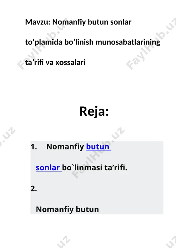 avjudligi haqidagi masala n(a) = a bo’lgan a to’plamni teng quvvatli qism to’plamlarga ajratish mumkinligi masalasi bilan bog’liq. agar a to’plamni berilgan b sondagi yoki quvvatdagi sinflarga ajratish mumkin bo’lsa, a ning b songa bo’linmasi mavjud bo’ladi. 4-te o r e m a. a sonining b songa bo’llinmasi mavjud bo’lsa, u yagonadir. isbot. haqiqatan ham, a : b = c va a : b = d va d son c sondan farqli bo’lsin. ta’rifga ko’ra a = bc va a = bd. bundan bc = bd va ko’paytmaning qisqaruvchanligiga ko’ra c = d ekanligi kelib chiqadi. 5-teorema.a nomanfiy butun son b natural songa bo’linishi uchun a son b sondan kichik bo’lmasligi zarur. isboti. ava b natural sonlarning bo’linmasi mavjud bo’lsin, ya’ni a = bc shartni qanoatlantiruvchi c natural soni topilsin. istalgan c natural son uchun 1 ≤c da’vo o’rinli. ko’paytmaning monotonligiga ko’ra b • 1 ≤b -c, bc = a∧b …