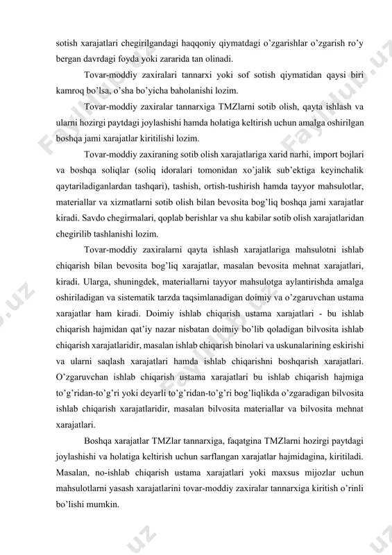 o’zgaruvchan ishlab chiqarish ustama xarajatlari bu ishlab chiqarish hajmiga to’g’ridan-to’g’ri yoki deyarli to’g’ridan-to’g’ri bog’liqlikda o’zgaradigan bilvosita ishlab chiqarish xarajatlaridir, masalan bilvosita materiallar va bilvosita mehnat xarajatlari. boshqa xarajatlar tmzlar tannarxiga, faqatgina tmzlarni hozirgi paytdagi joylashishi va holatiga keltirish uchun sarflangan xarajatlar hajmidagina, kiritiladi. masalan, no-ishlab chiqarish ustama xarajatlari yoki maxsus mijozlar uchun mahsulotlarni yasash xarajatlarini tovar-moddiy zaxiralar tannarxiga kiritish o’rinli bo’lishi mumkin. tovar-moddiy zaxiralar tannarxiga kiritilmaydigan va ular kelib chiqqan davr xarajatlari sifatida tan olinadigan xarajatlar misoliga quyidagilar kiradi: (a) me’yoridan tashqari sarflangan xom ashyo, mehnat va boshqa ishlab chiqarish xarajatlari summasi; (b) saqlash xarajatlari, agar bu xarajatlar ishlab chiqarish jarayonining keyingi bosqichlari uchun talab etilmasa; (v) tovar-moddiy zaxiralarni xozirgi paytdagi joylashishi va holatiga keltirish bilan bog’liq bo’lmagan ma’muriy ustama xarajatlar; va (g) sotish xarajatlari. mhxs 23 “qarzlar bo’yicha xarajatlar” olingan qarzlar bo’yicha xarajatlar tovar-moddiy zaxiralar tannarxiga kiritiladigan kamdan-kam hollarini belgilaydi. xo’jalik sub’ekti tovar-moddiy zaxiralarni kechiktirib to’lash shartlarida sotib olishi …